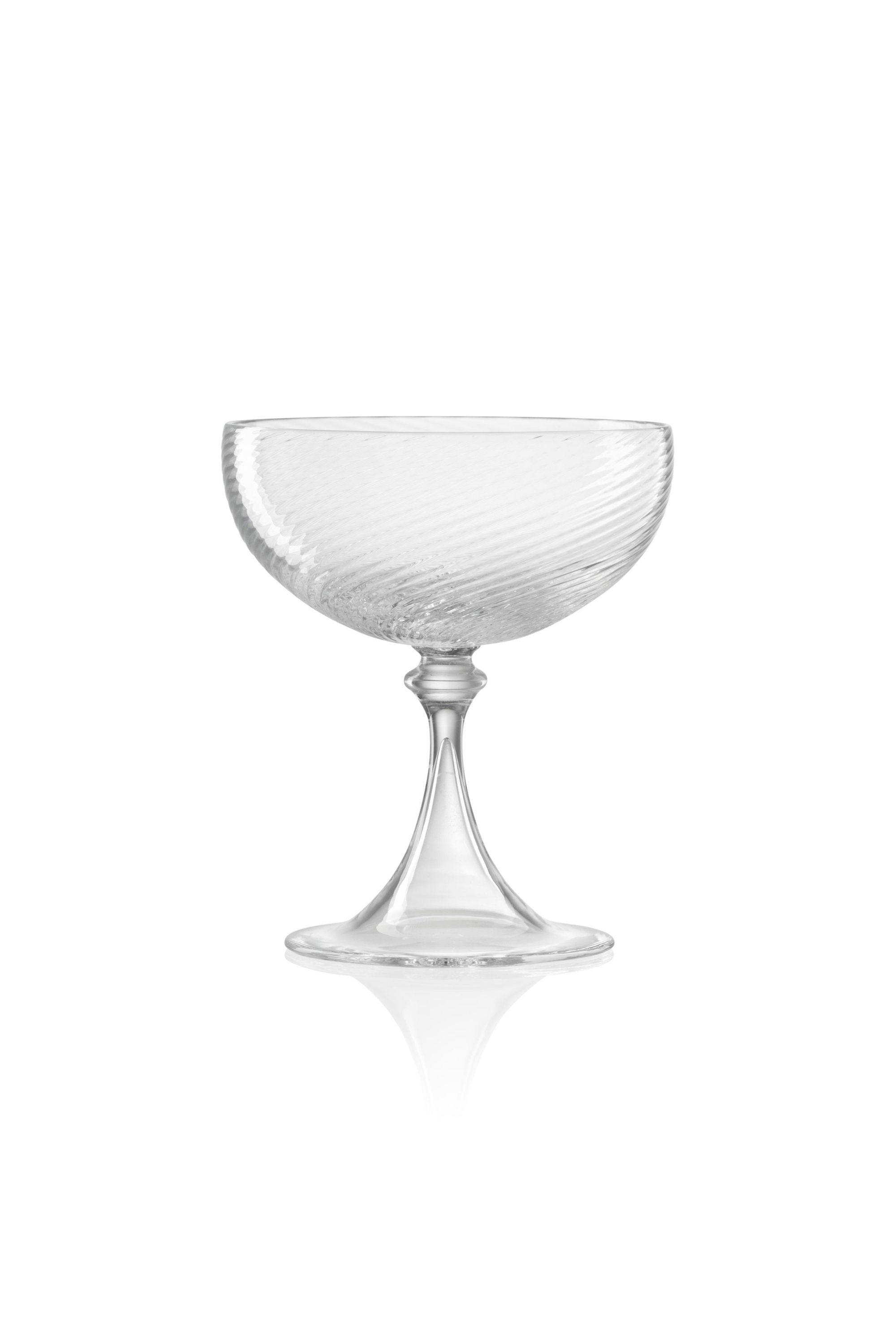 Handblown on the Venetian Island of Murano, these glasses feature a handmade stem and twisted texture in Clear. The elegant form made in glass makes this a versatile chameleon to be used with stoneware or china.