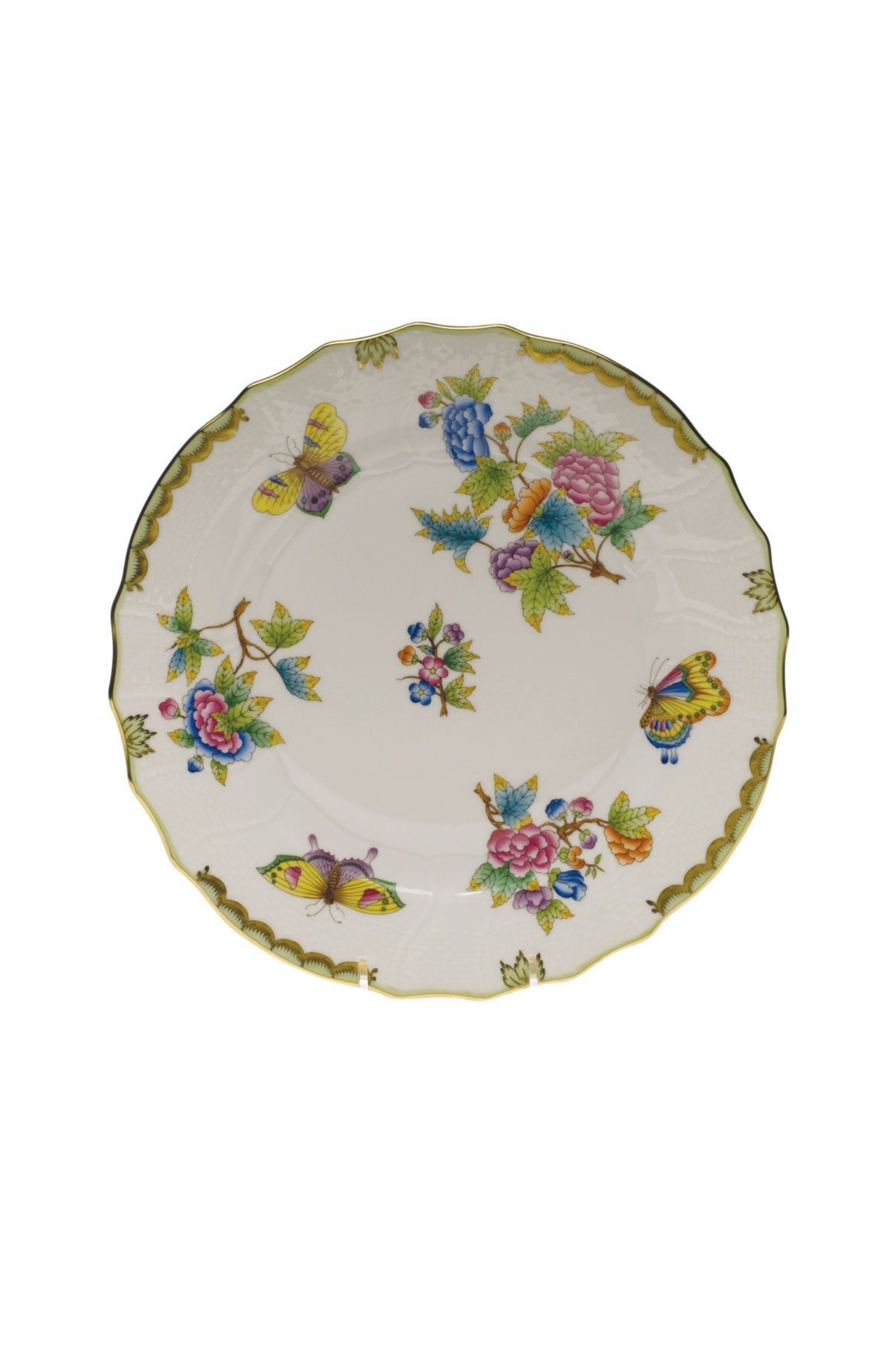 Porcelain dinnerware with butterflies and flowers. The original set, introduced in 1851 at the First World Exhibition in London, was purchased by Queen Victoria herself. Subsequently named for her, this Chinese-influenced pattern demands the skills of Herend's most talented and experienced painters.