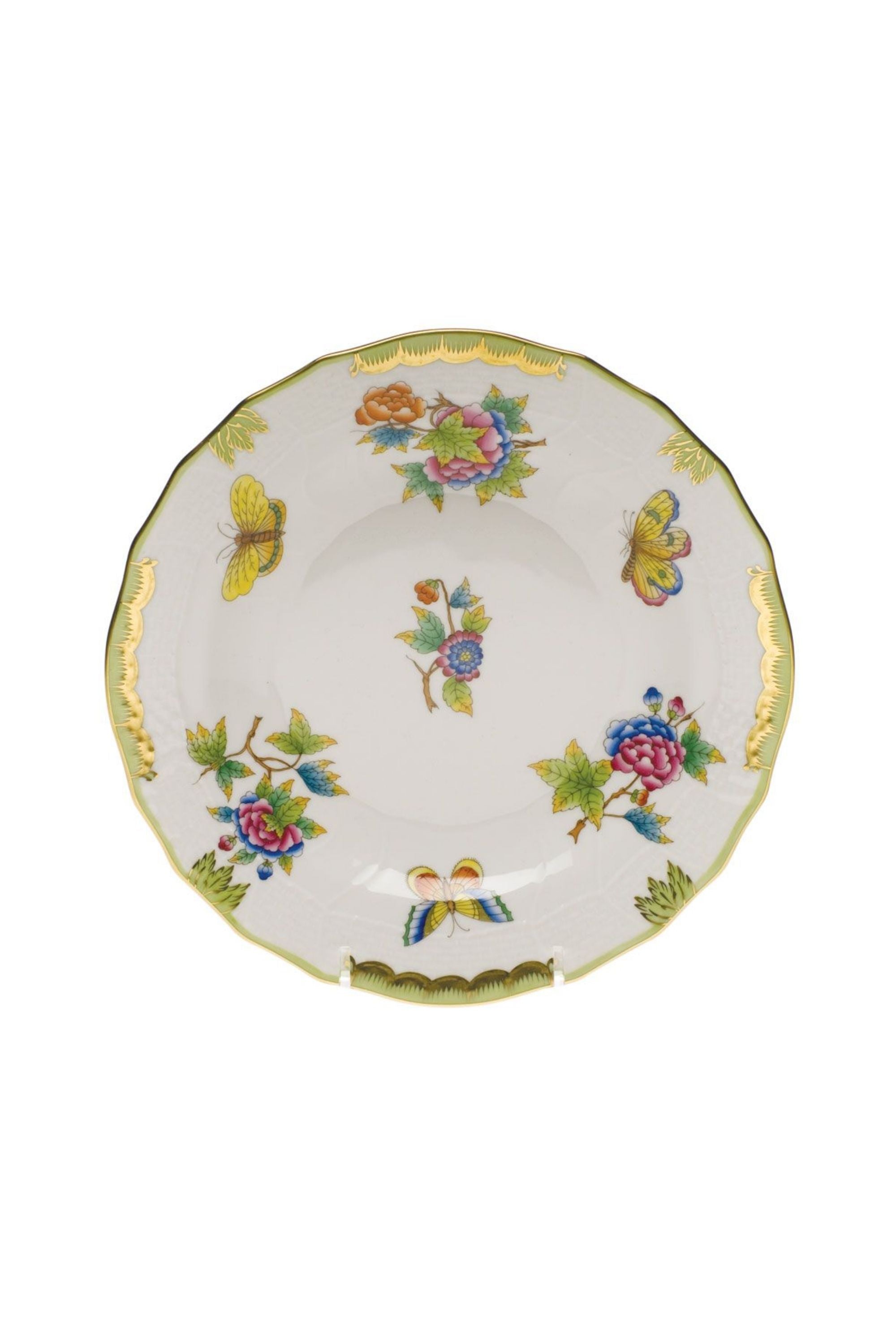 Porcelain dinnerware with butterflies and flowers. The original set, introduced in 1851 at the First World Exhibition in London, was purchased by Queen Victoria herself. Subsequently named for her, this Chinese-influenced pattern demands the skills of Herend's most talented and experienced painters.