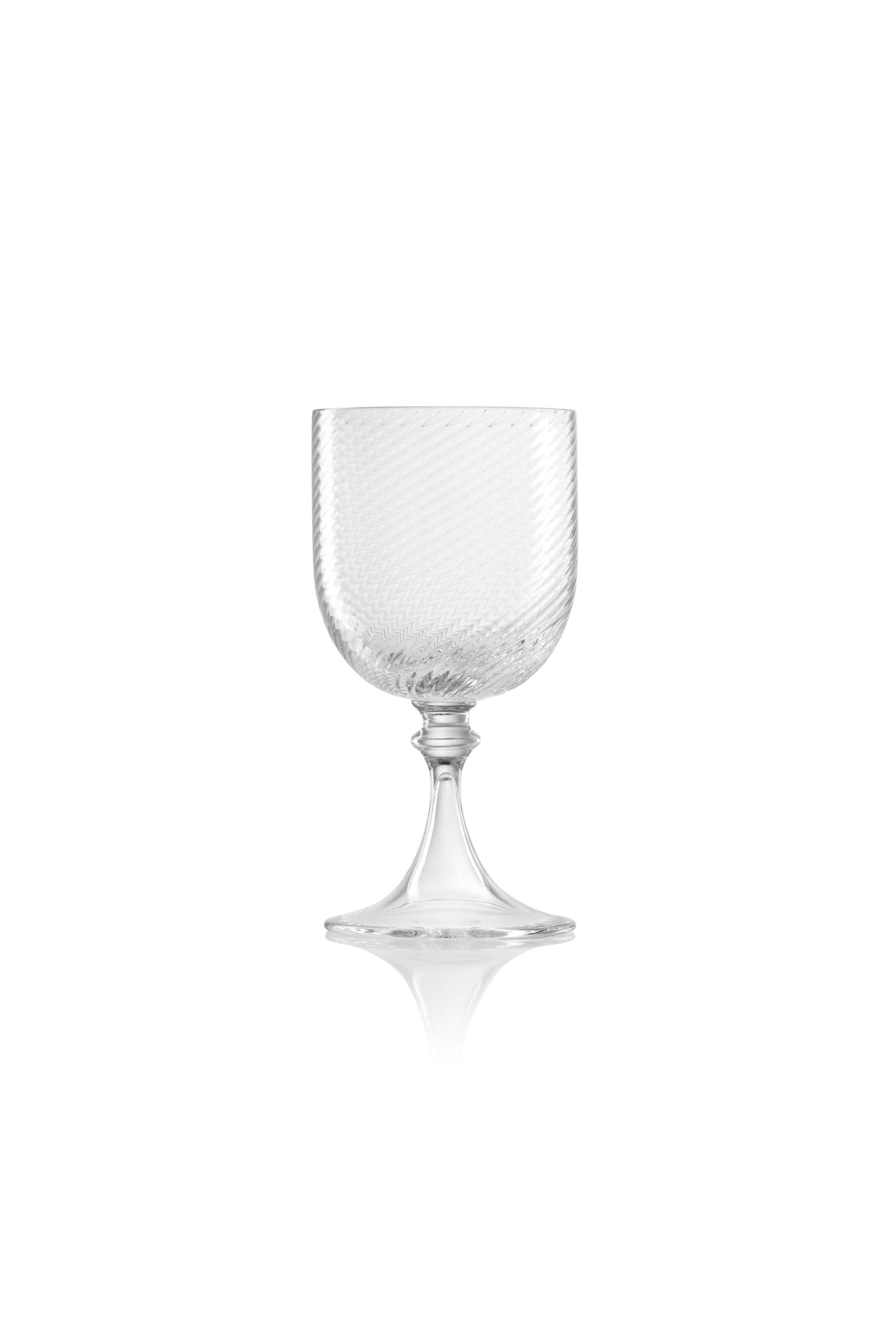 Handblown on the Venetian Island of Murano, these glasses feature a handmade stem and twisted texture in Clear. The elegant form made in glass makes this a versatile chameleon to be used with stoneware or china.
