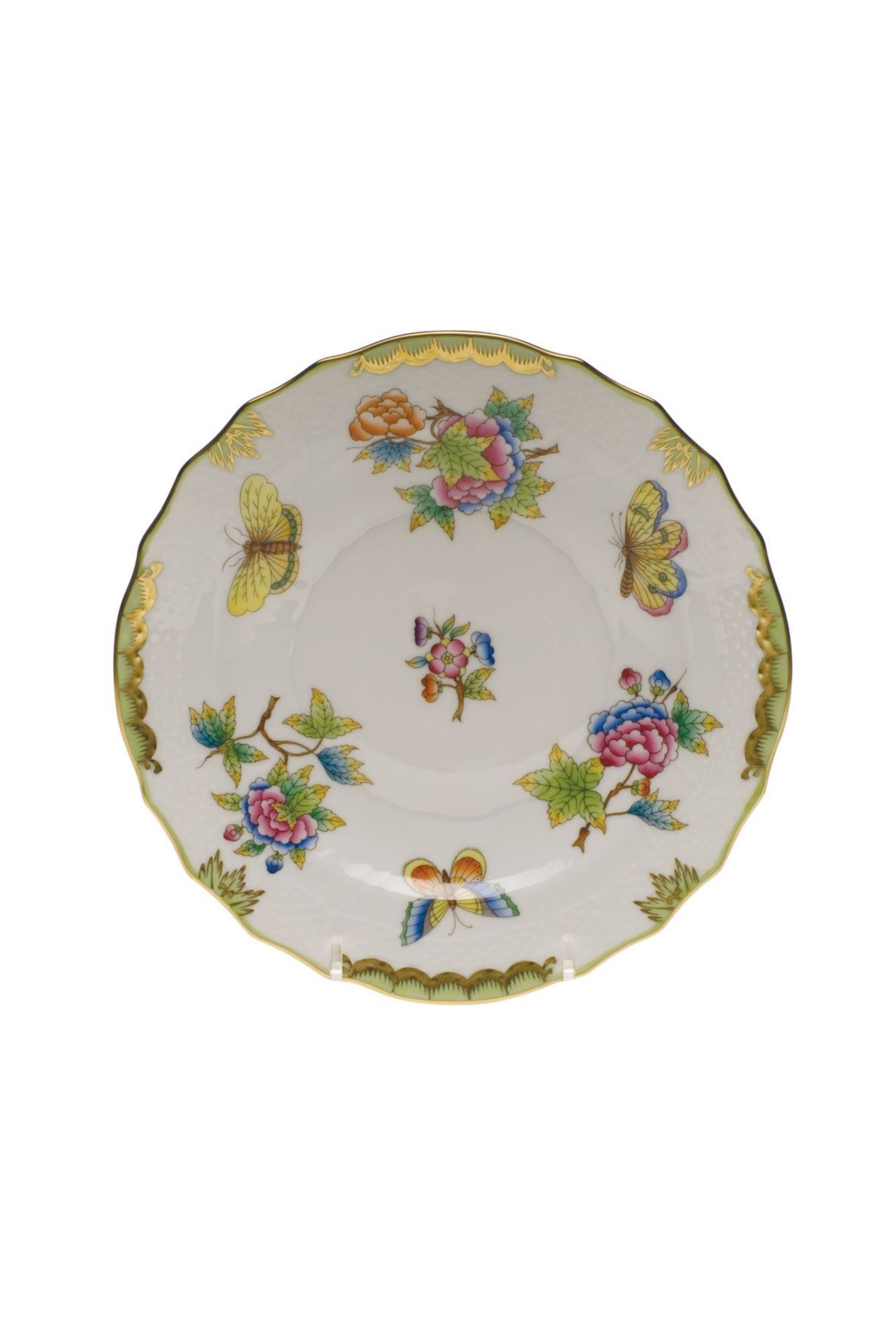 Porcelain dinnerware with butterflies and flowers. The original set, introduced in 1851 at the First World Exhibition in London, was purchased by Queen Victoria herself. Subsequently named for her, this Chinese-influenced pattern demands the skills of Herend's most talented and experienced painters.
