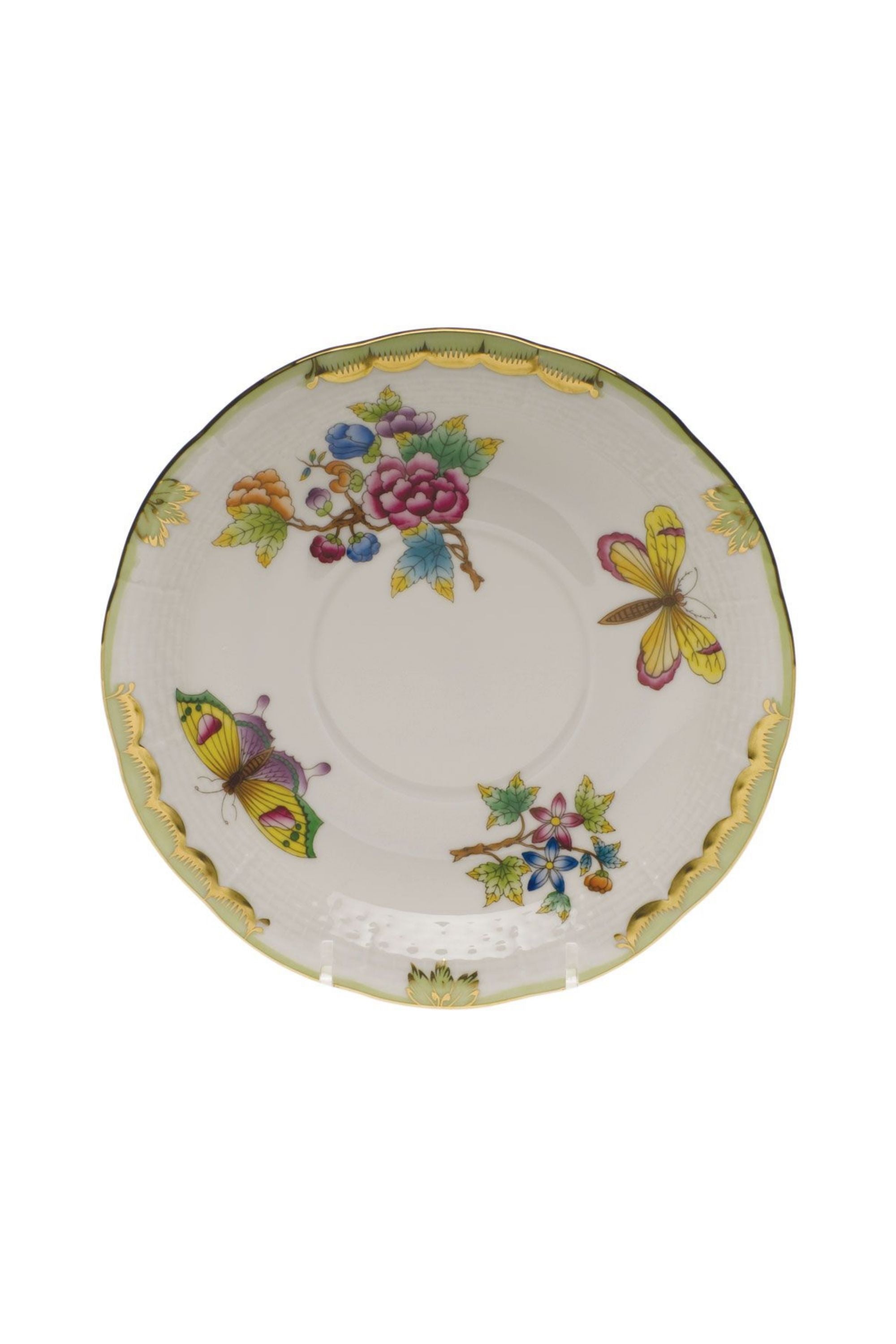 Porcelain dinnerware with butterflies and flowers. The original set, introduced in 1851 at the First World Exhibition in London, was purchased by Queen Victoria herself. Subsequently named for her, this Chinese-influenced pattern demands the skills of Herend's most talented and experienced painters.
