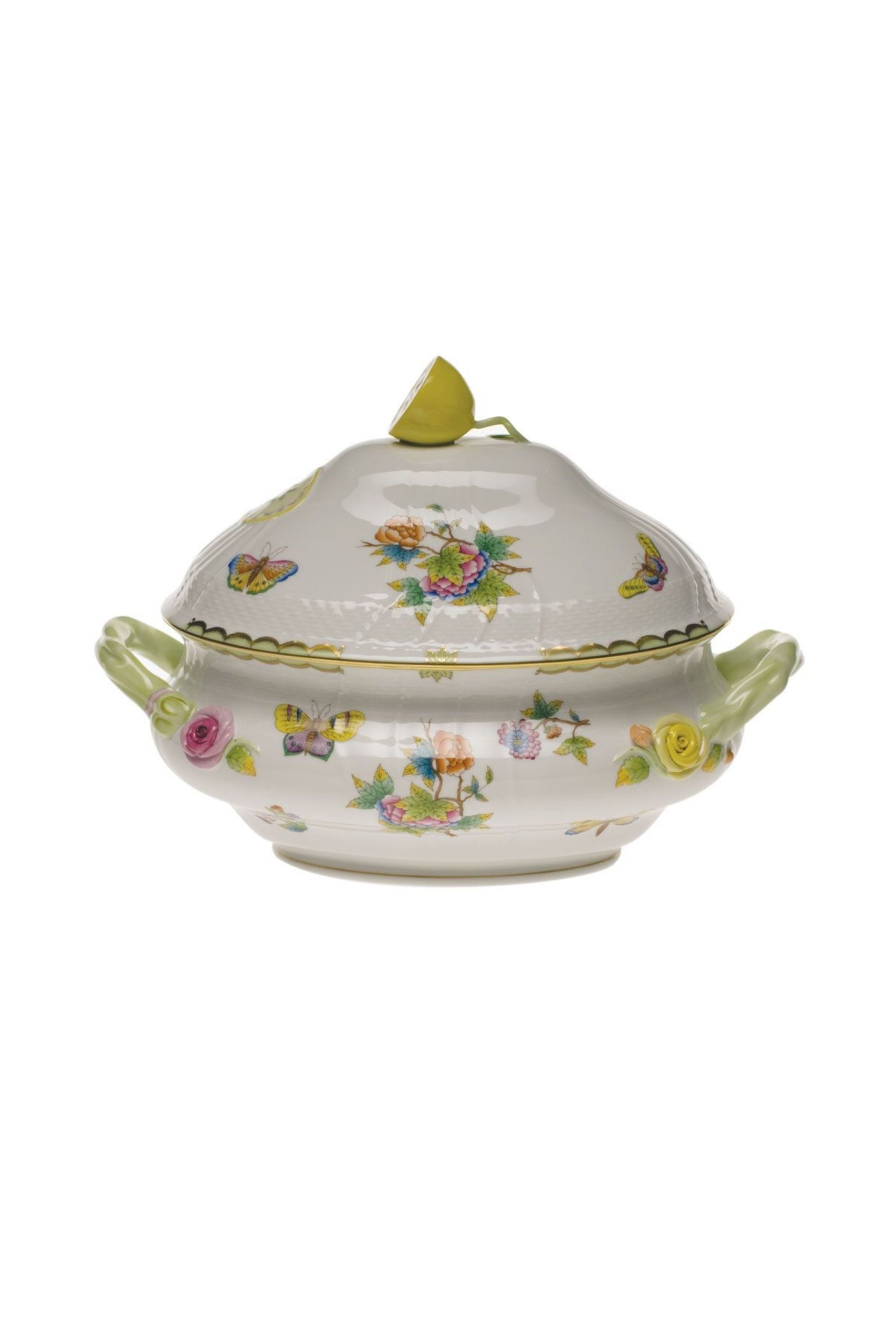 Porcelain serving dishes. The original set, introduced in 1851 at the First World Exhibition in London, was purchased by Queen Victoria herself. Subsequently named for her, this Chinese-influenced pattern demands the skills of Herend's most talented and experienced painters.