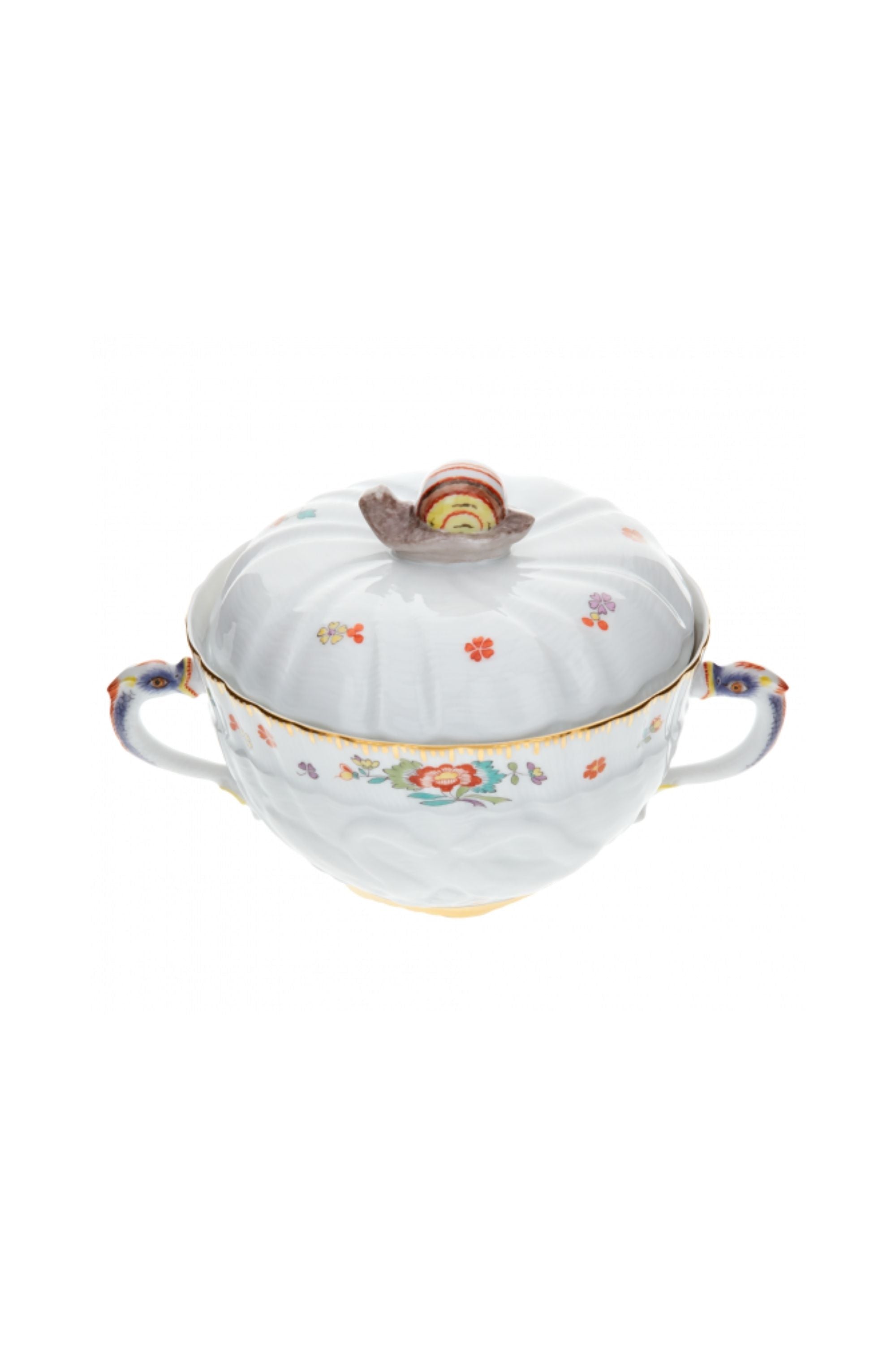 Designed by Johann Joachim Kändler, the pattern features a delicate background with radiating bands based on a scallop shell and a central well dressed with a pair of swans on water amid bullrushes, swooping cranes, and fish. Several parts of the service depict figures from Greco-Roman mythology, like Glaucus and the dolphin-riding Galatea.