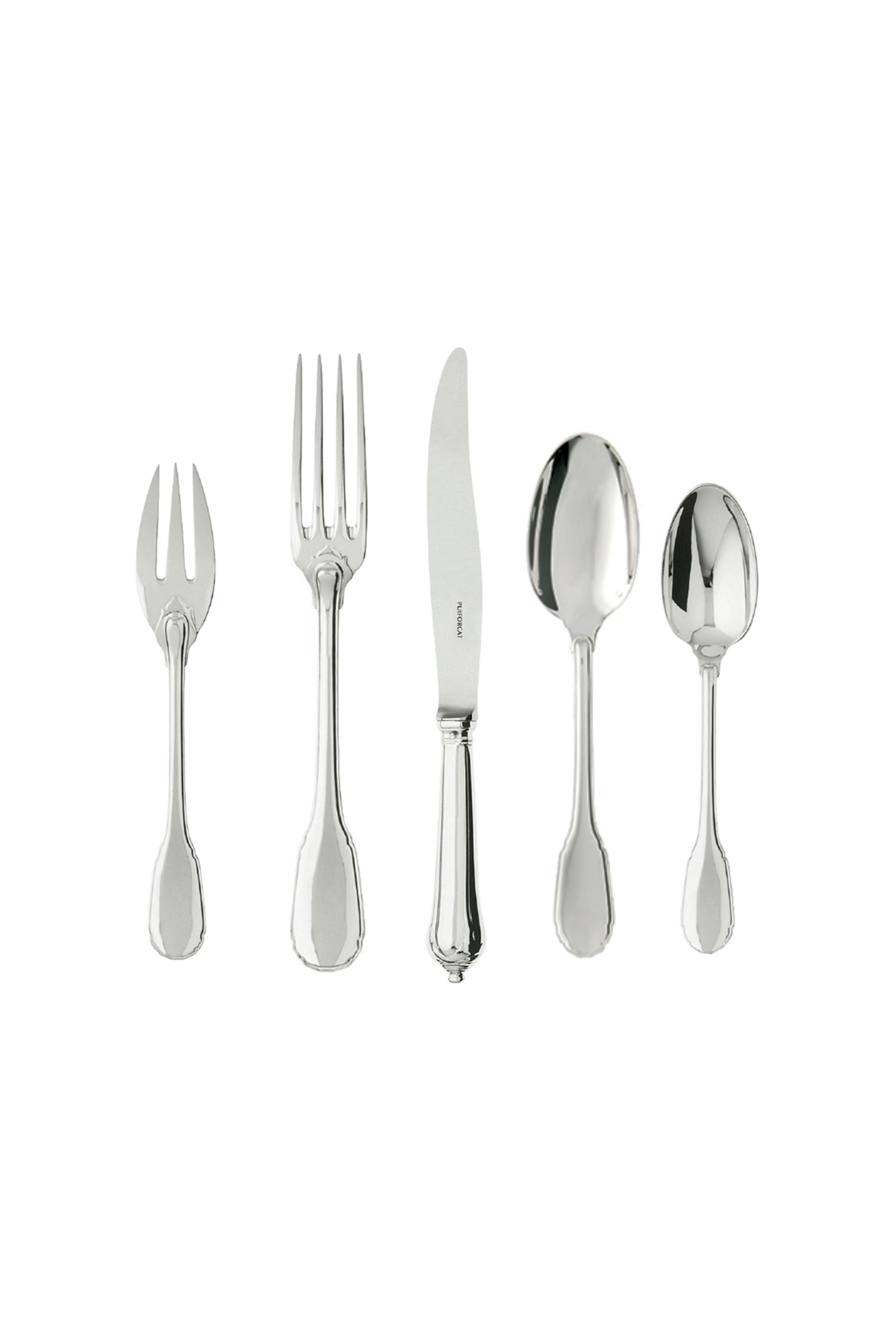 Elegant flame-shaped button on the bowl. Sterling Silver flatware.