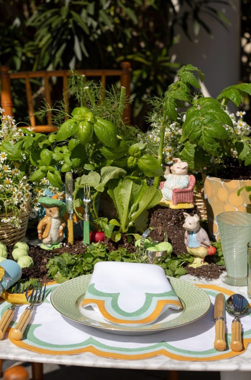 Dinner set with original cobalt based Blue Lace teardrop apple green border.