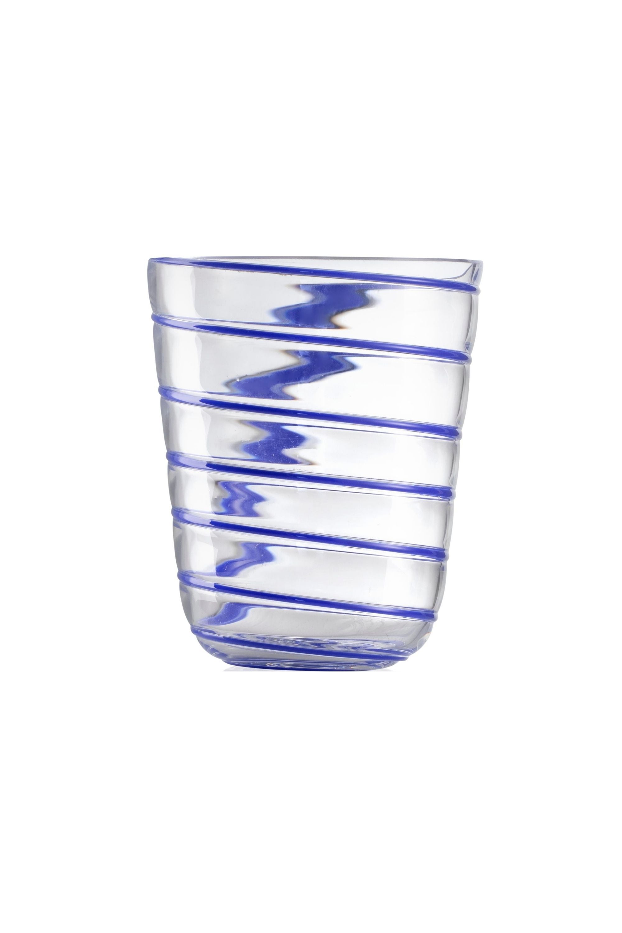 Transparent glass embossed with blue glass thread spiraling up the cup.