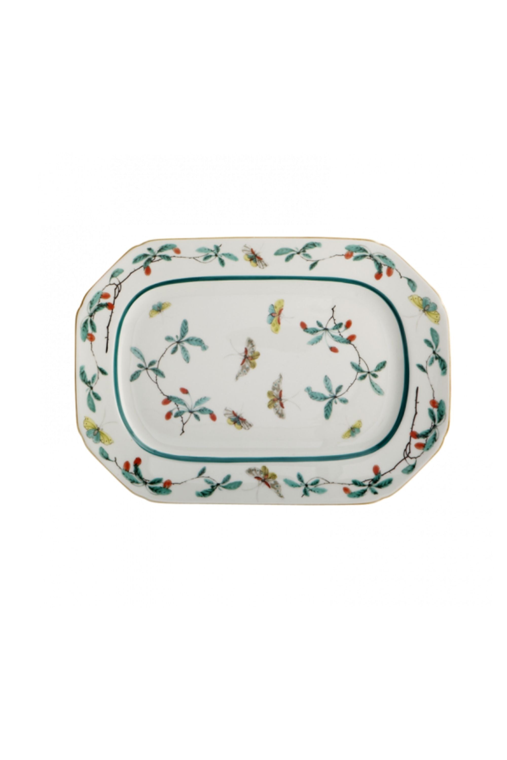 Serving dishes. This graceful design, with its leaves, berries, and butterflies, was derived directly from antique Chinese Palace porcelain.