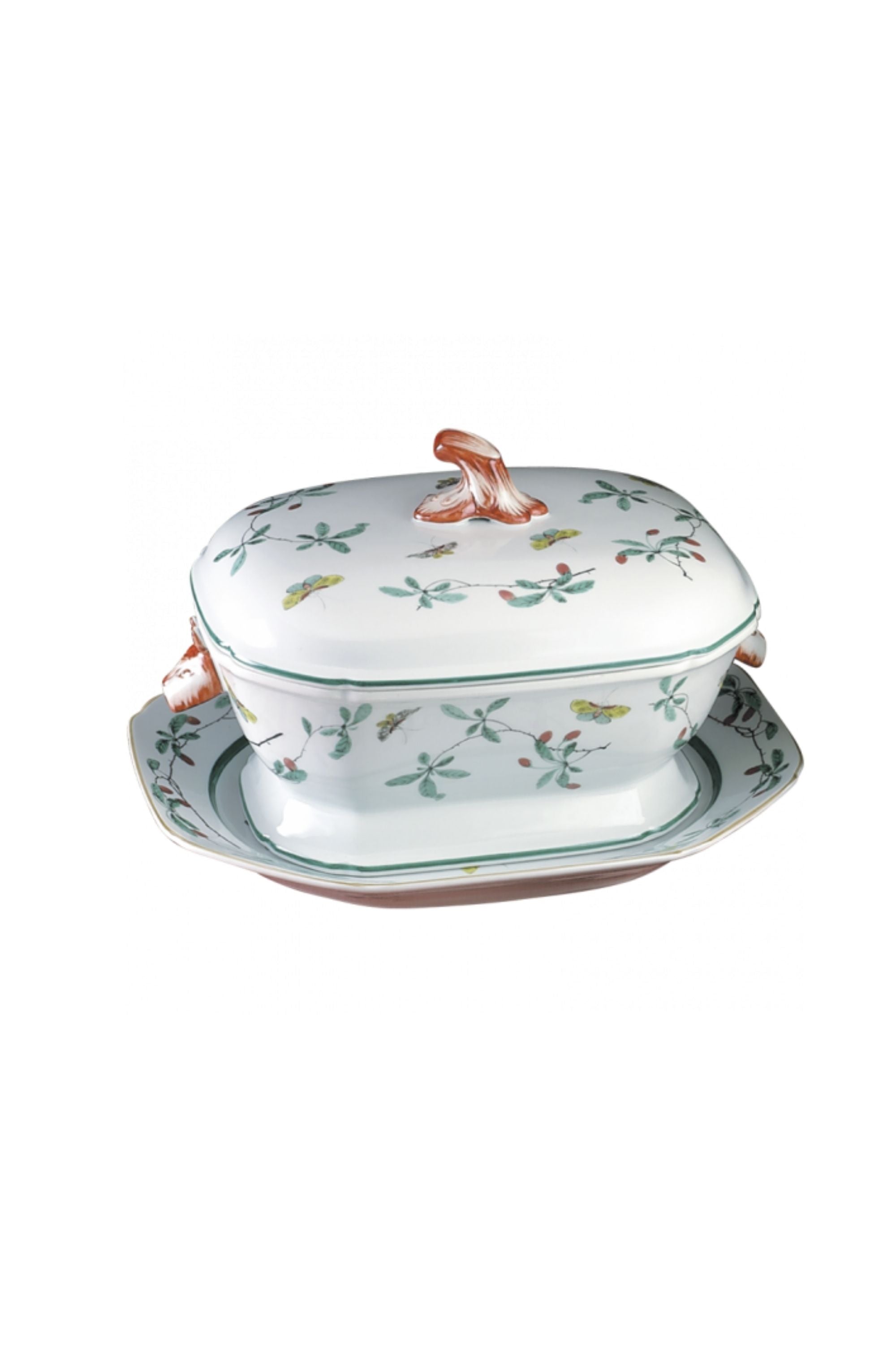 Serving dishes. This graceful design, with its leaves, berries, and butterflies, was derived directly from antique Chinese Palace porcelain.
