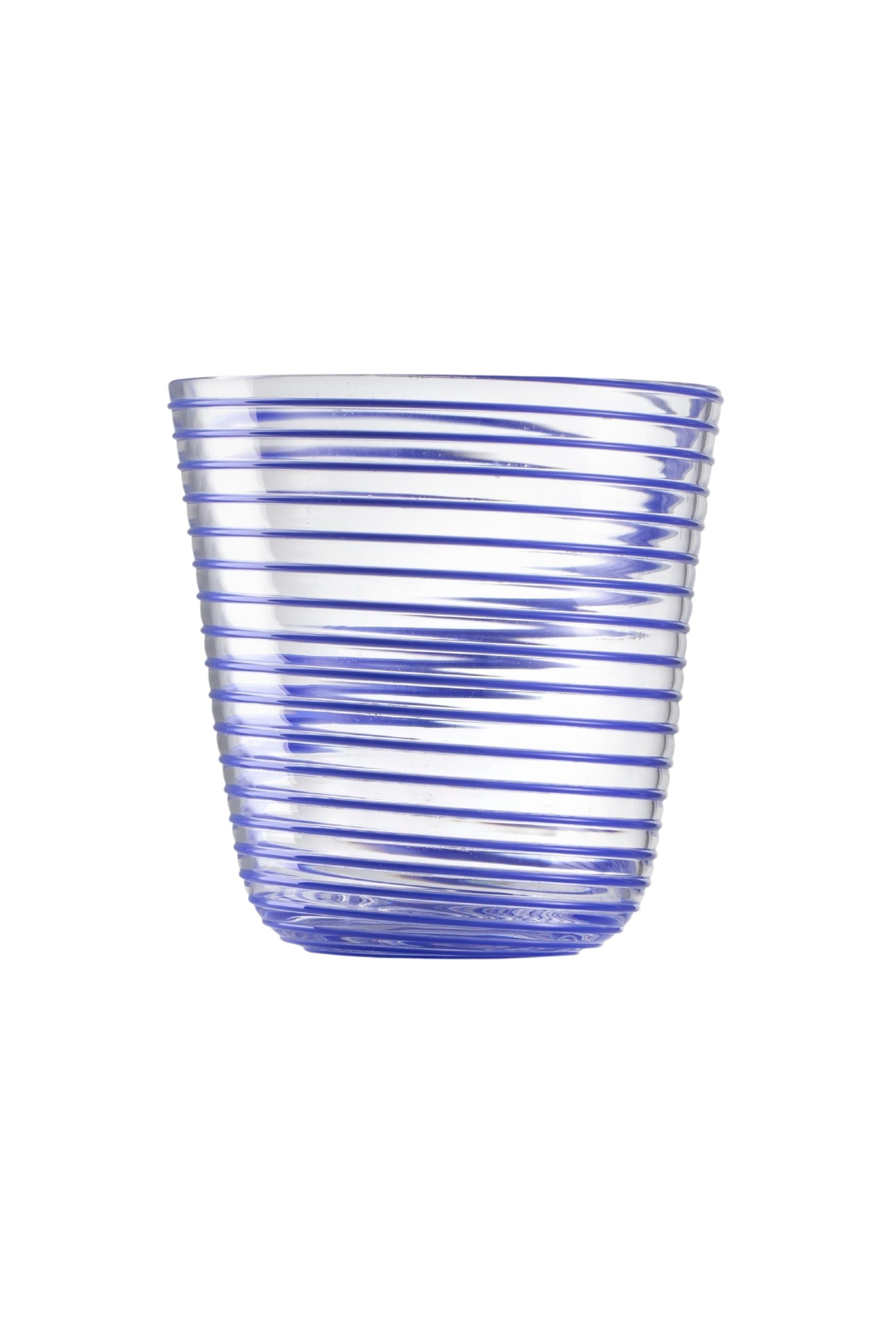 Transparent glass embossed with blue glass thread spiraling up the cup.
