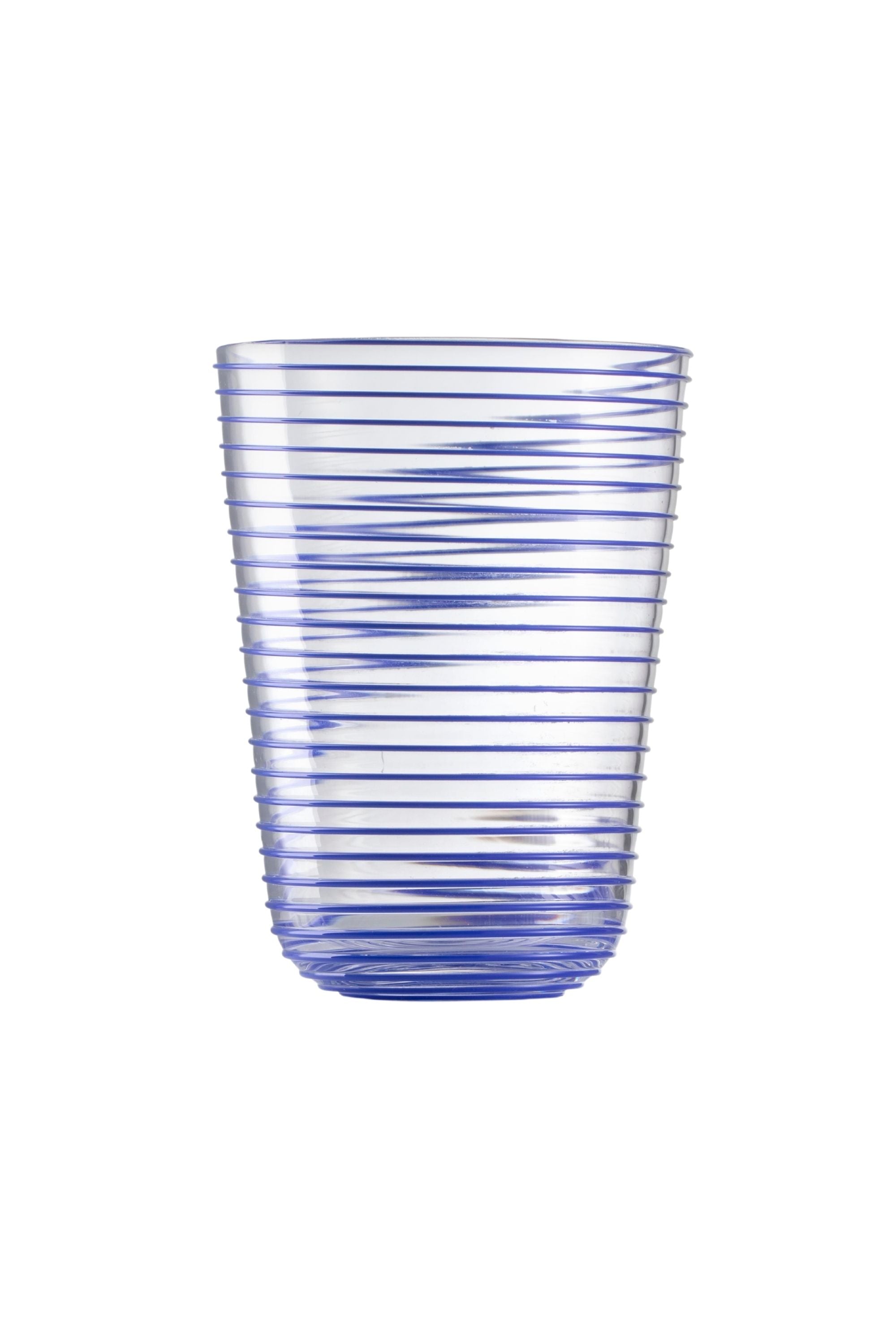 Transparent glass embossed with blue glass thread spiraling up the cup.