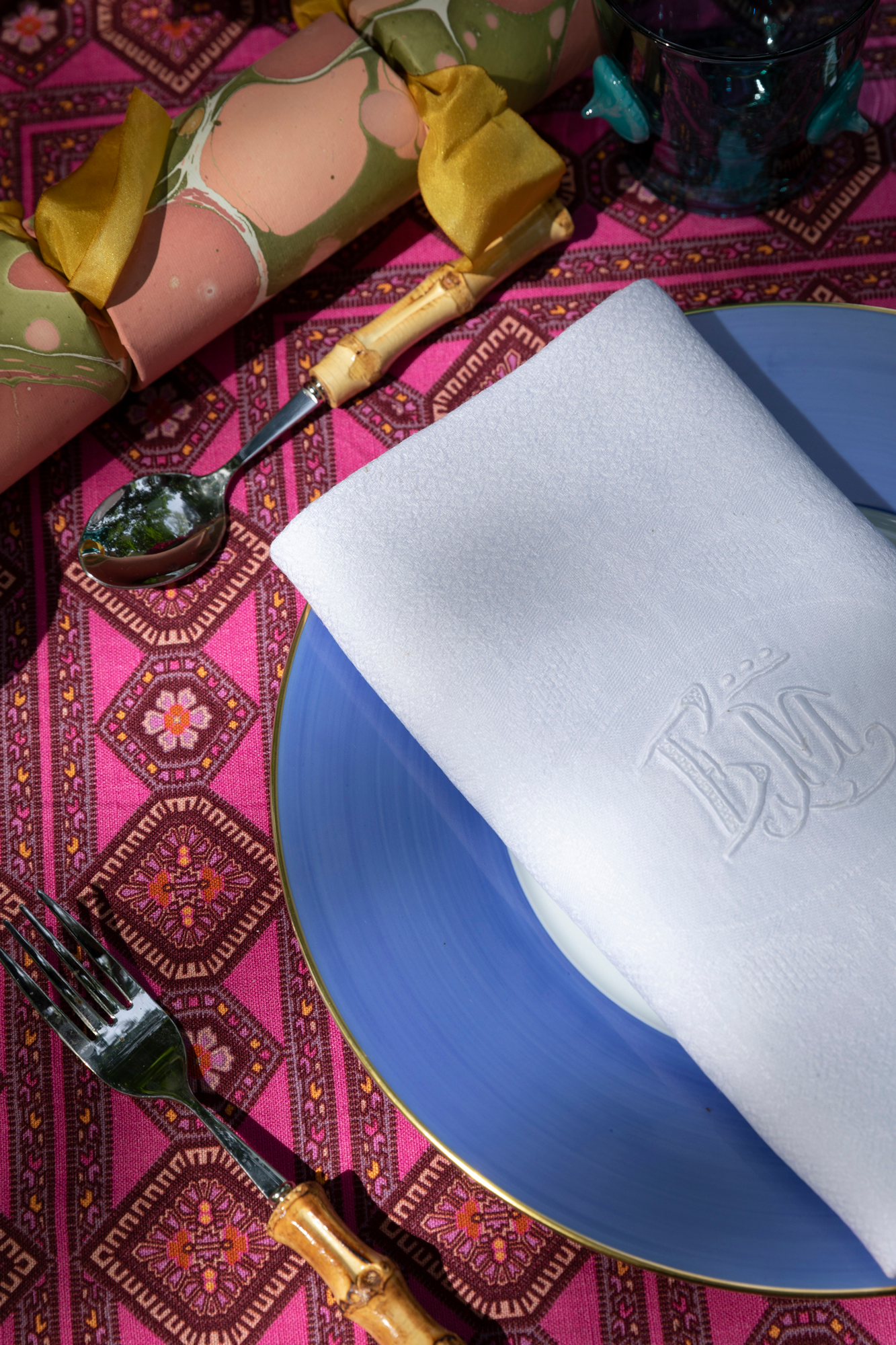 Hand-painted and blue banded plates.