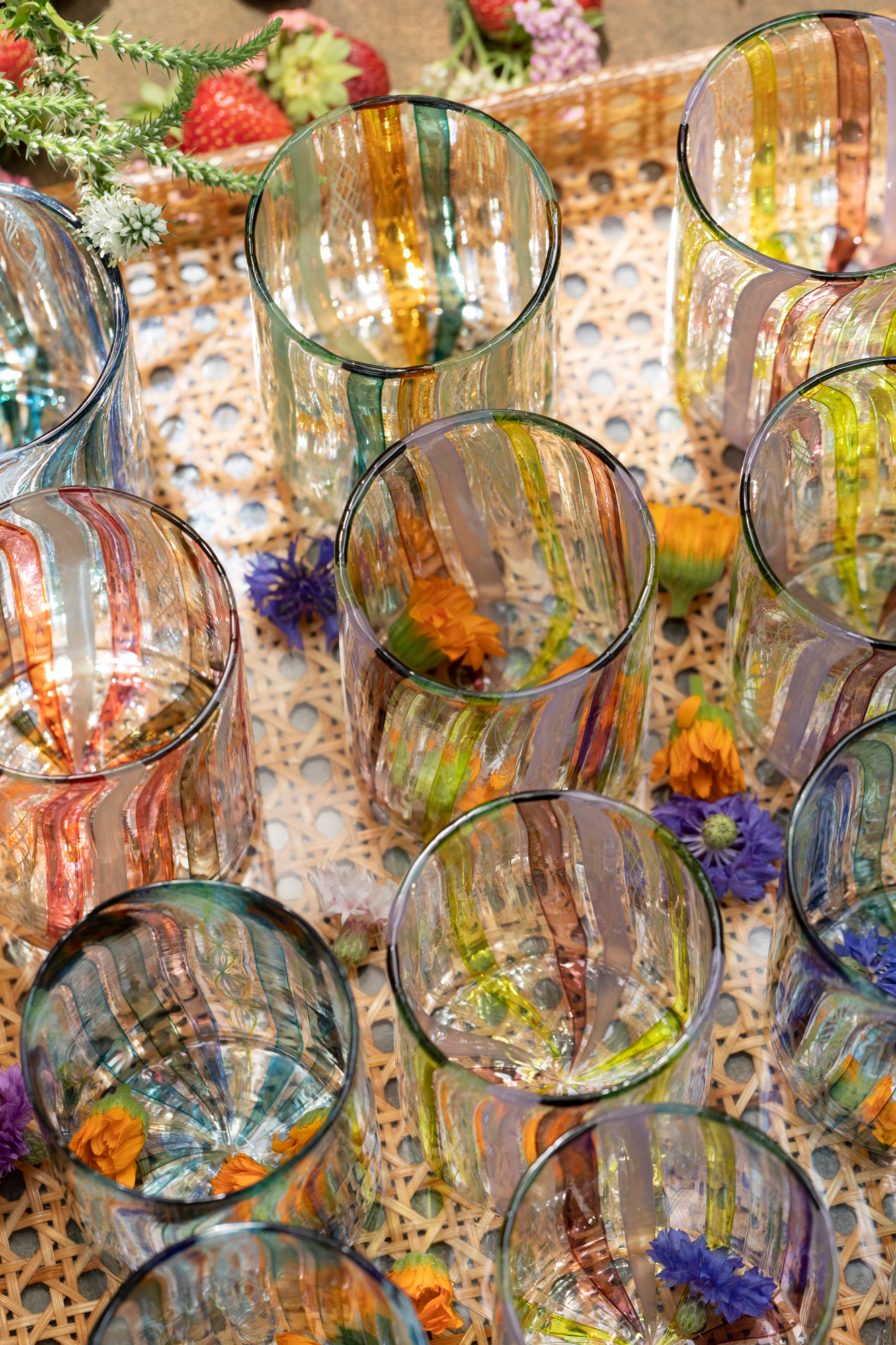 Hand-blown exclusively for Houses Parties using twisted glass canes by Tracy Glover.