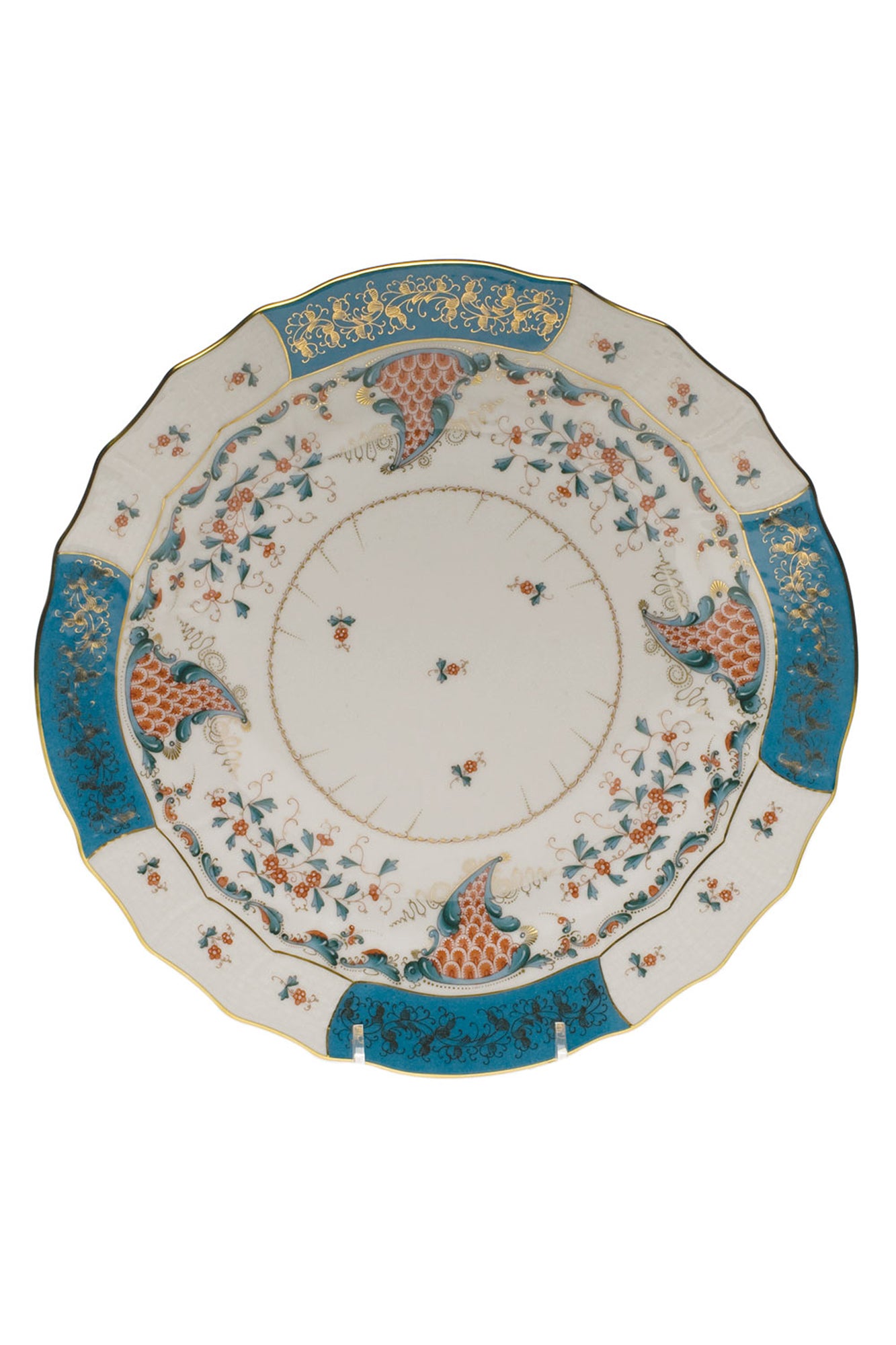 Herend Cornucopia porcelain dinner plate. Turquoise with 24k gold accents.