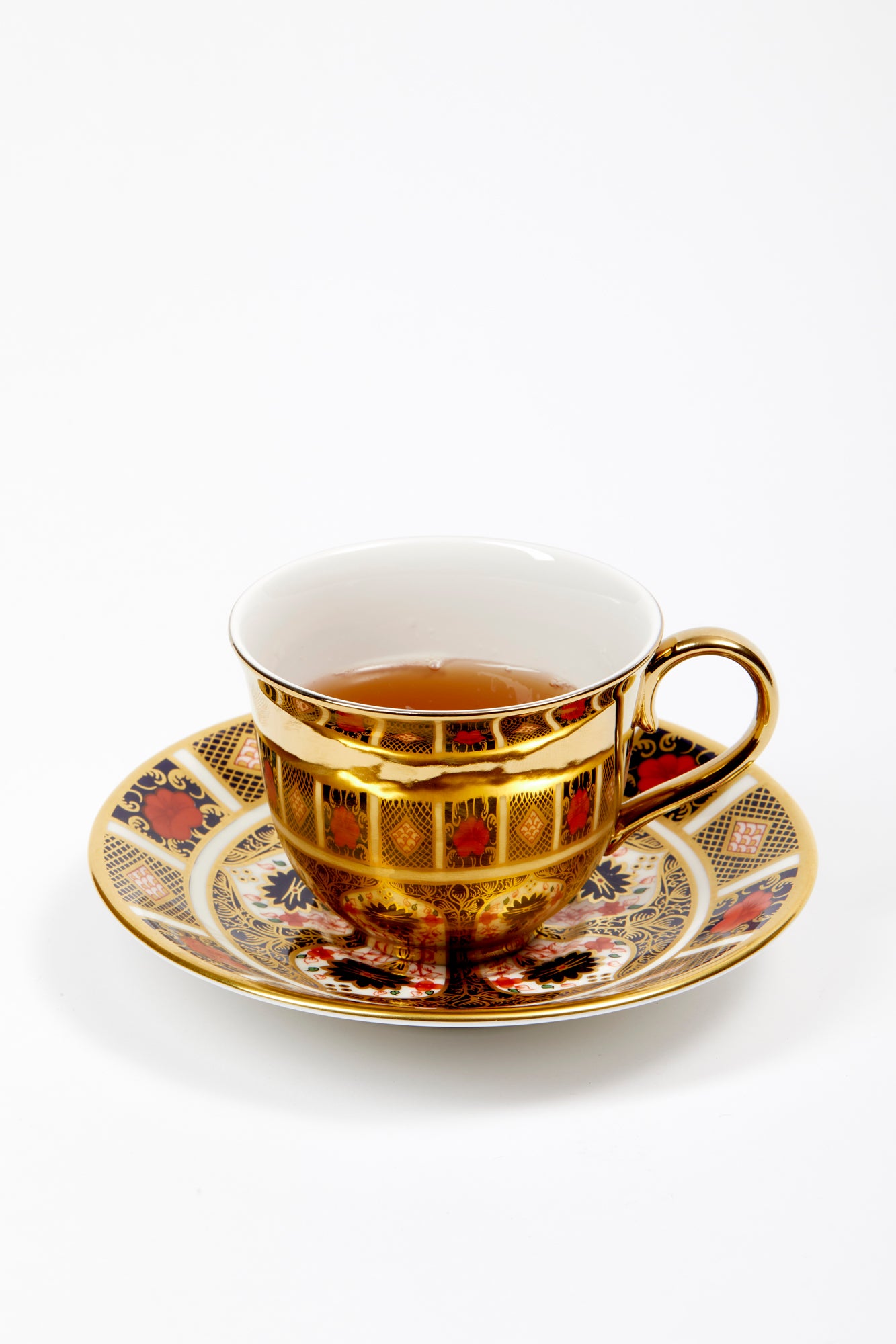 Handmade in England by Royal Crown Derby. The distinctive 1128 Old Imari pattern dates back to 1882. Iron red, cobalt blue, and 22 karat gold.