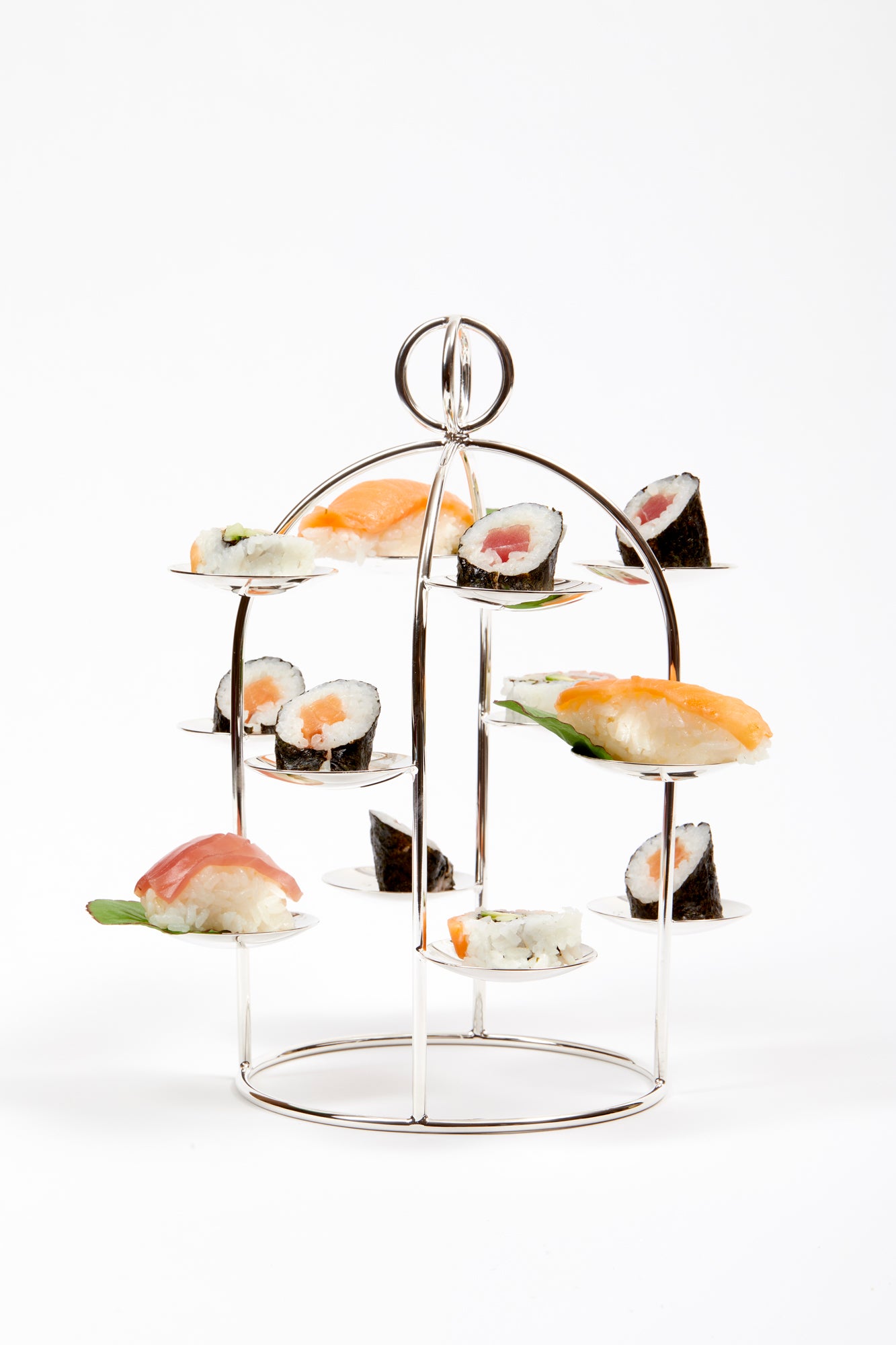 This silver-plated display tower with 12 plates makes friandise, sushi, and canapes look covetable.