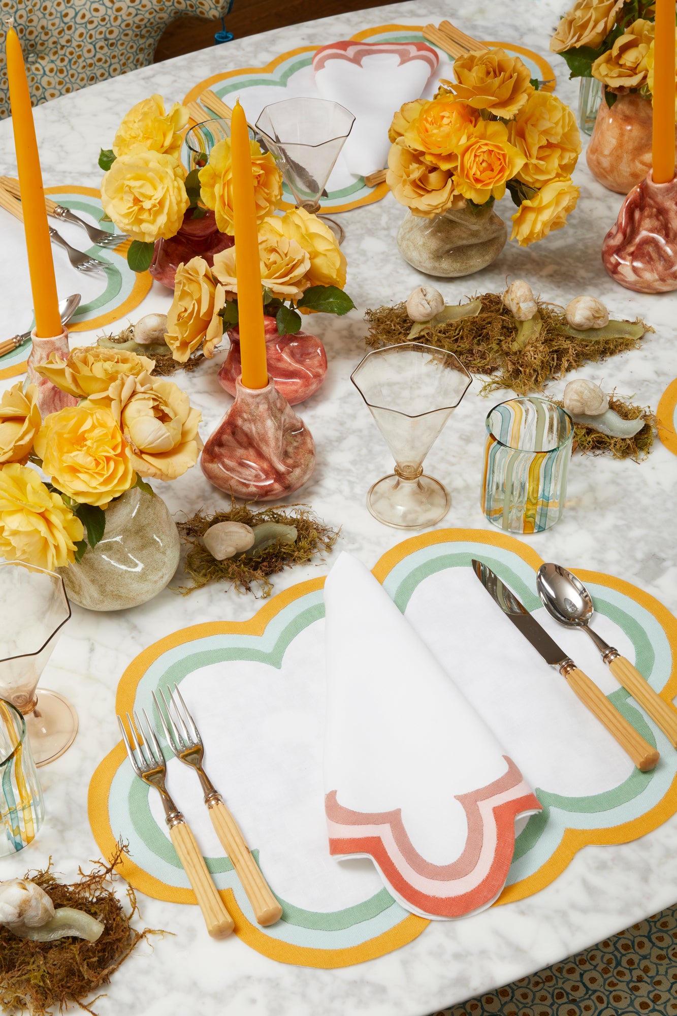 Linen placemat with triple French stitch appliqué scallops made in Madeira, Portugal exclusively for Houses & Parties. 18.5 w" x 13"h