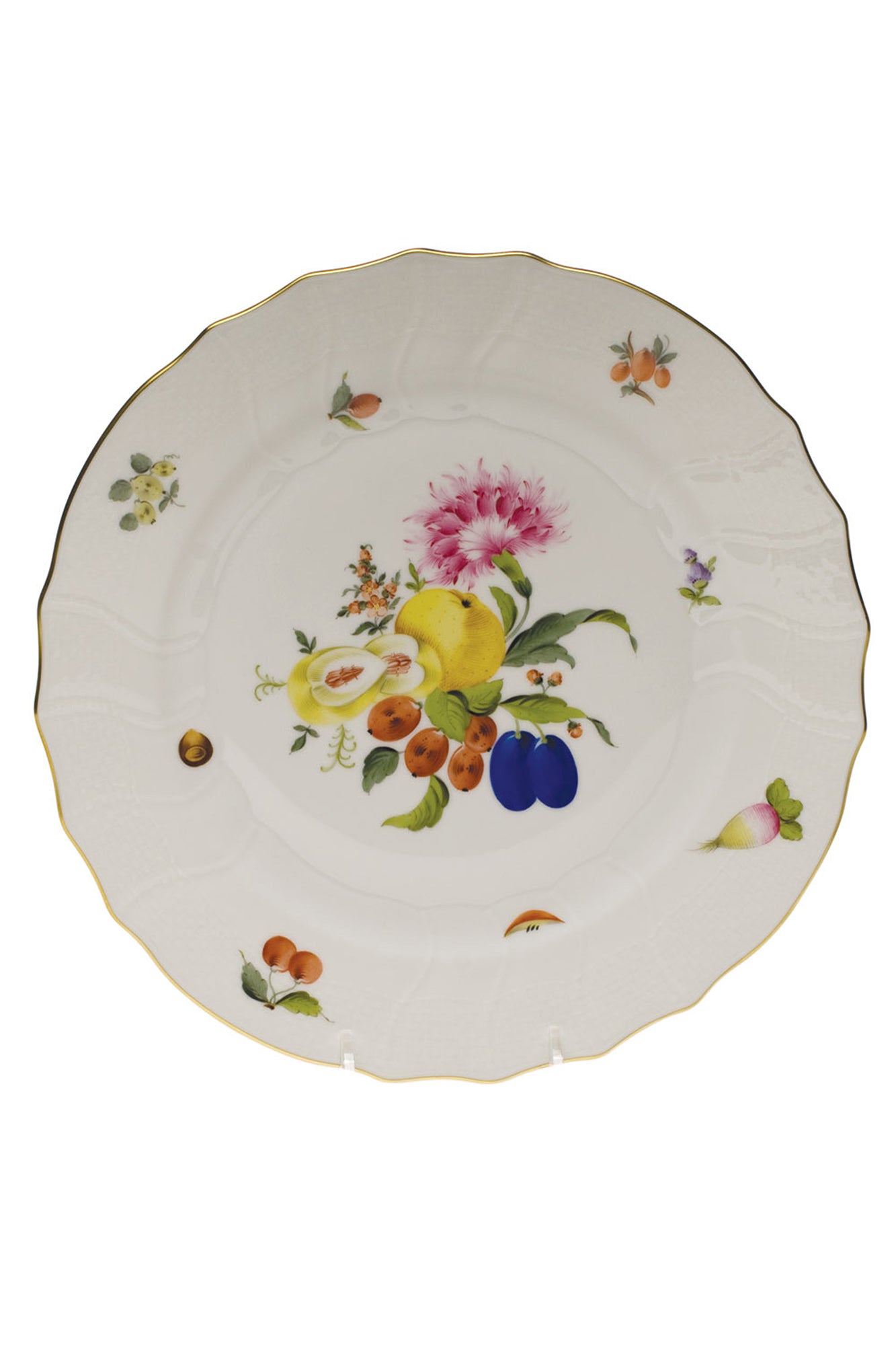 Porcelain dinnerware that has playful pattern surprises with tiny pink radishes, mushrooms and acorns.