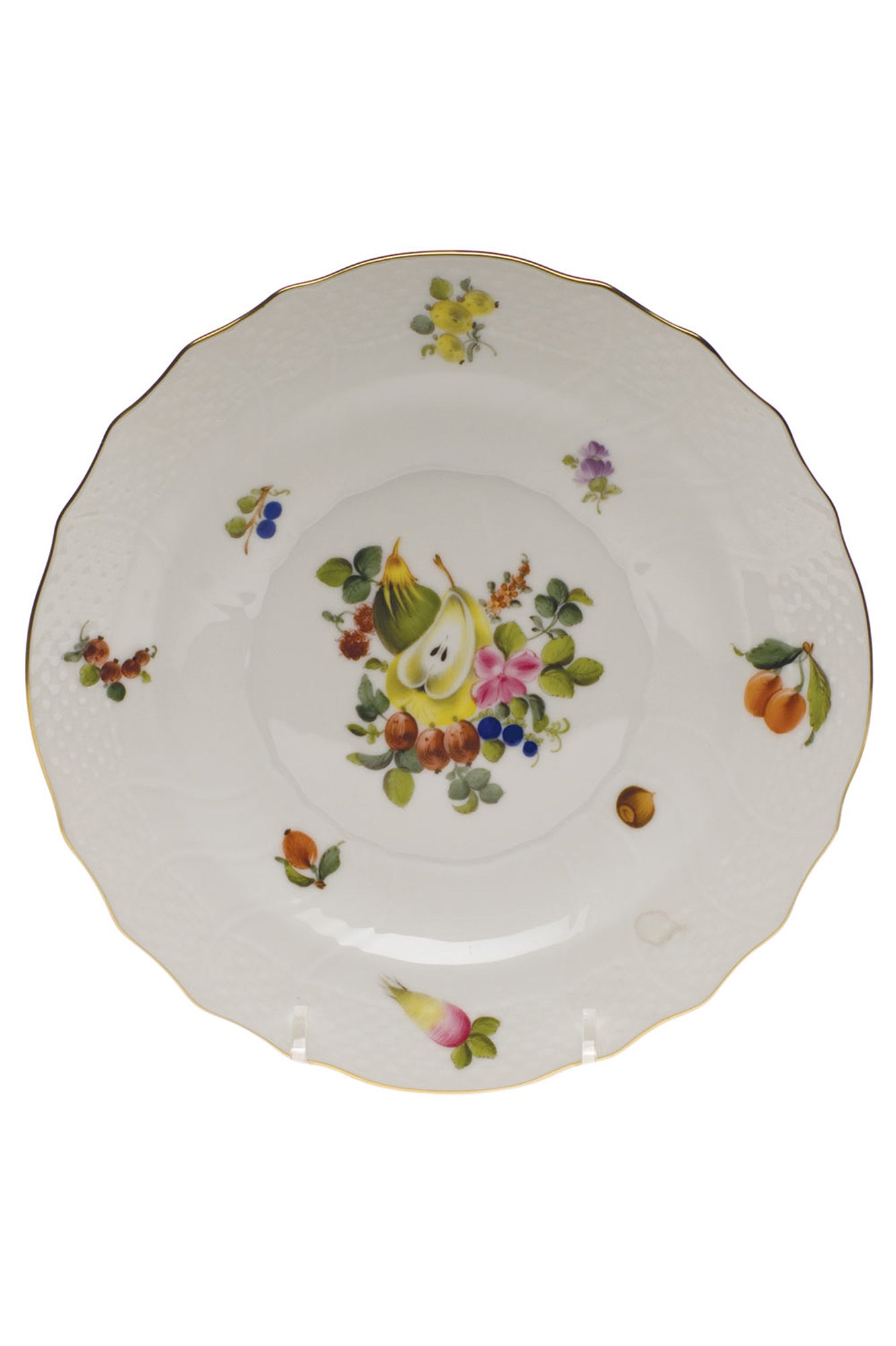 Porcelain dinnerware that has playful pattern surprises with tiny pink radishes, mushrooms and acorns.