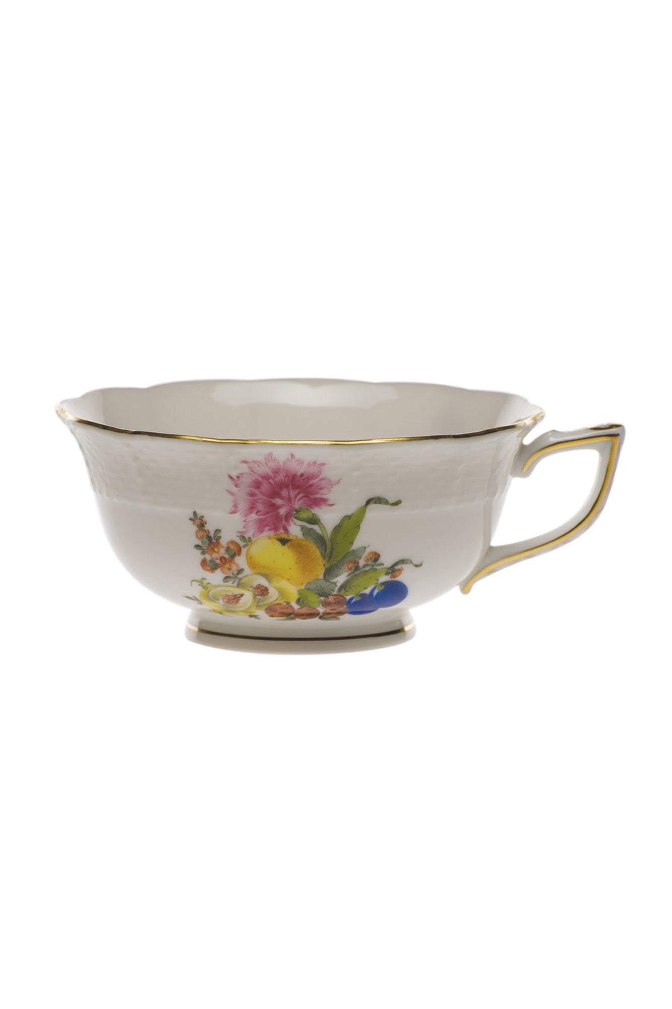 Porcelain dinnerware that has playful pattern surprises with tiny pink radishes, mushrooms and acorns.