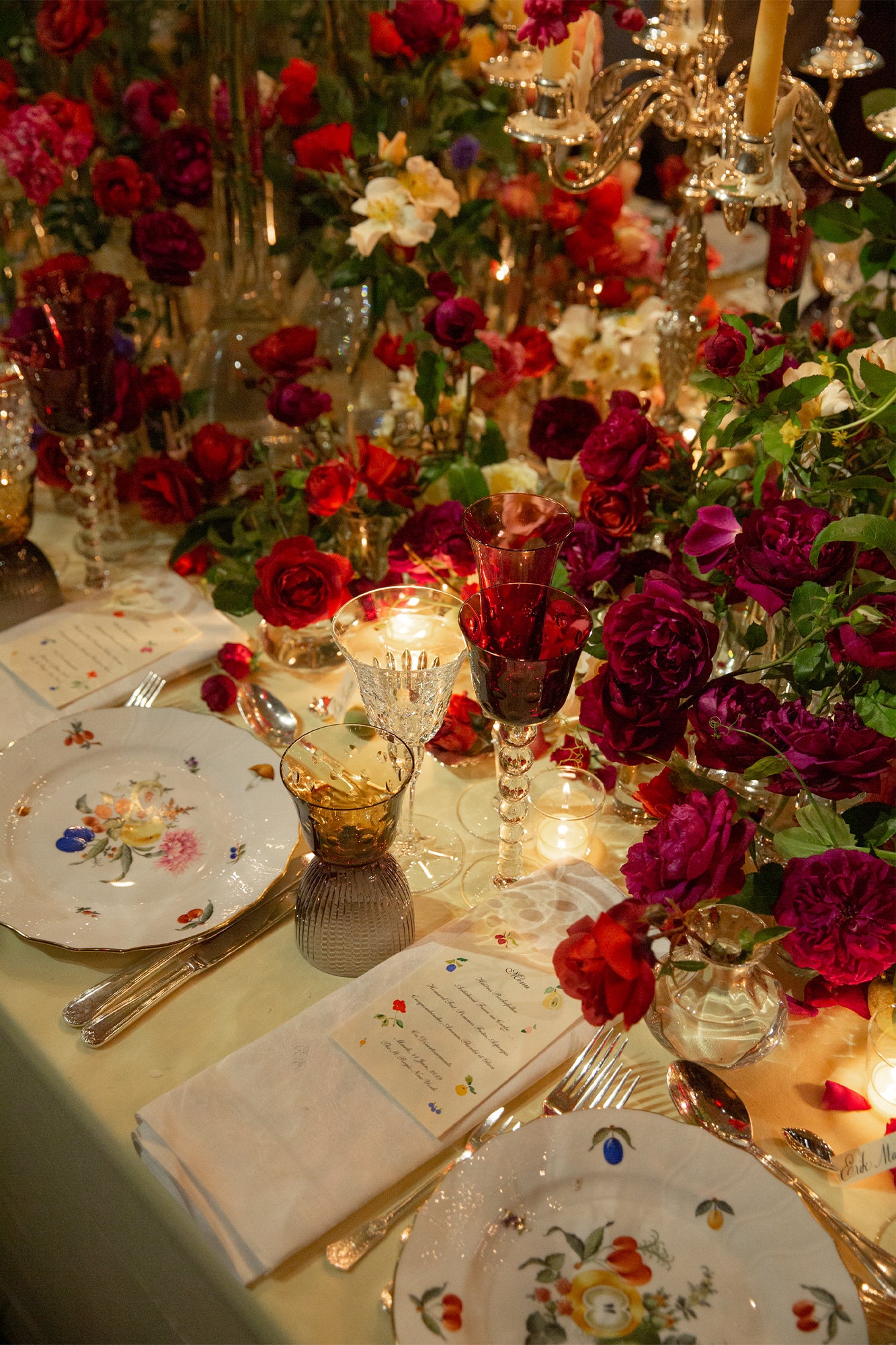 Porcelain dinnerware that has playful pattern surprises with tiny pink radishes, mushrooms and acorns.