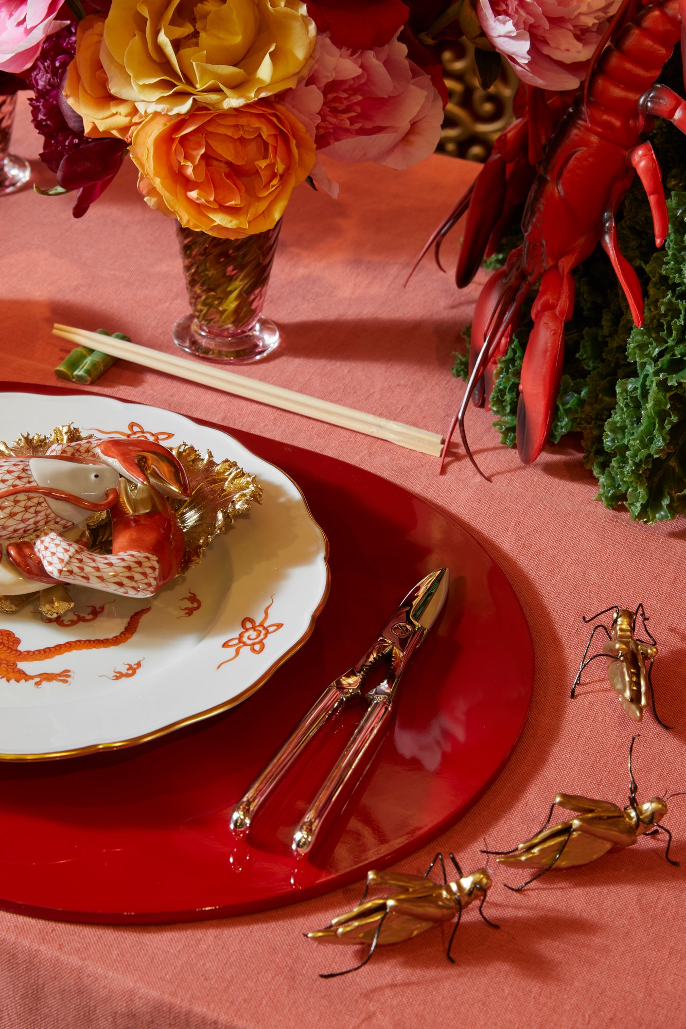 Handmade ceramic gold crickets.