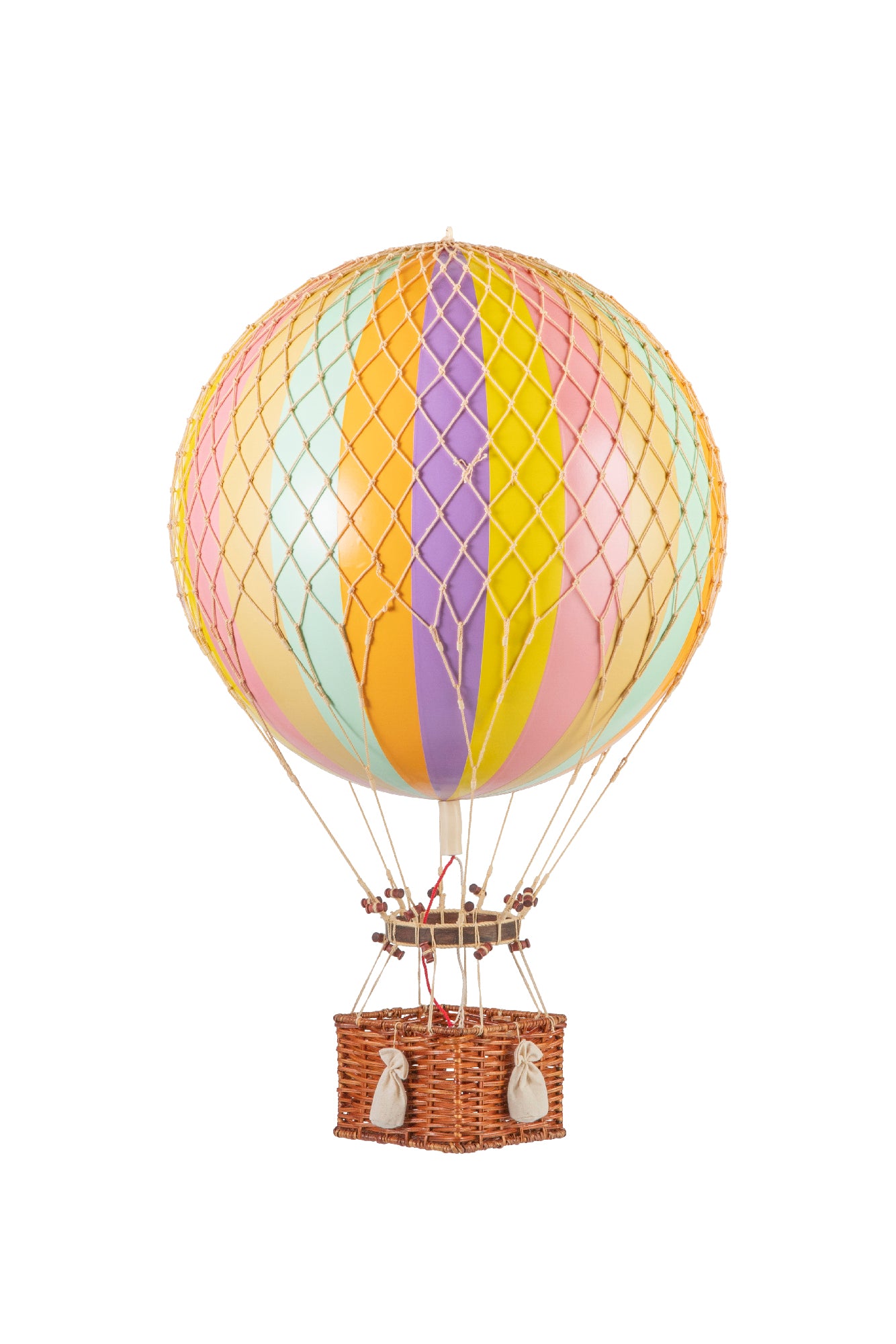 Pastel whimsical wicker hot air balloon for hanging.