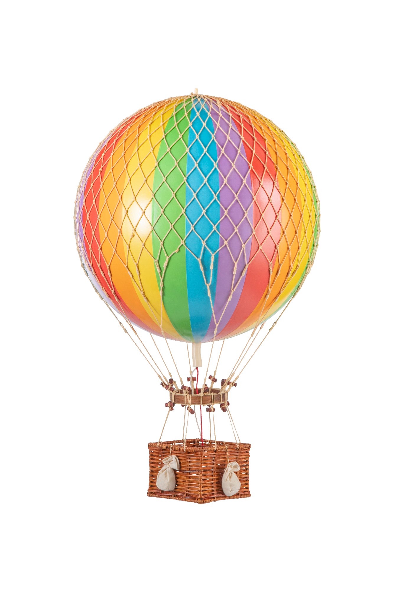 Rainbow whimsical wicker hot air balloon for hanging.