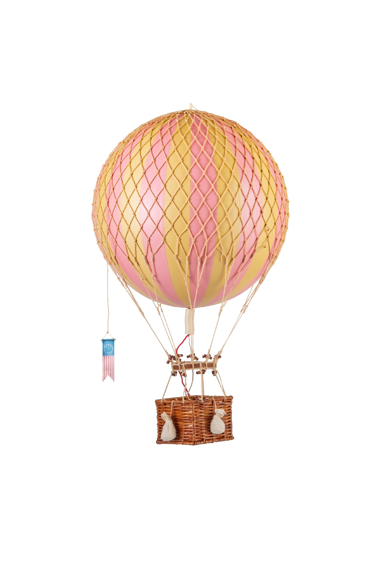 Pink and yellow whimsical wicker hot air balloon for hanging.
