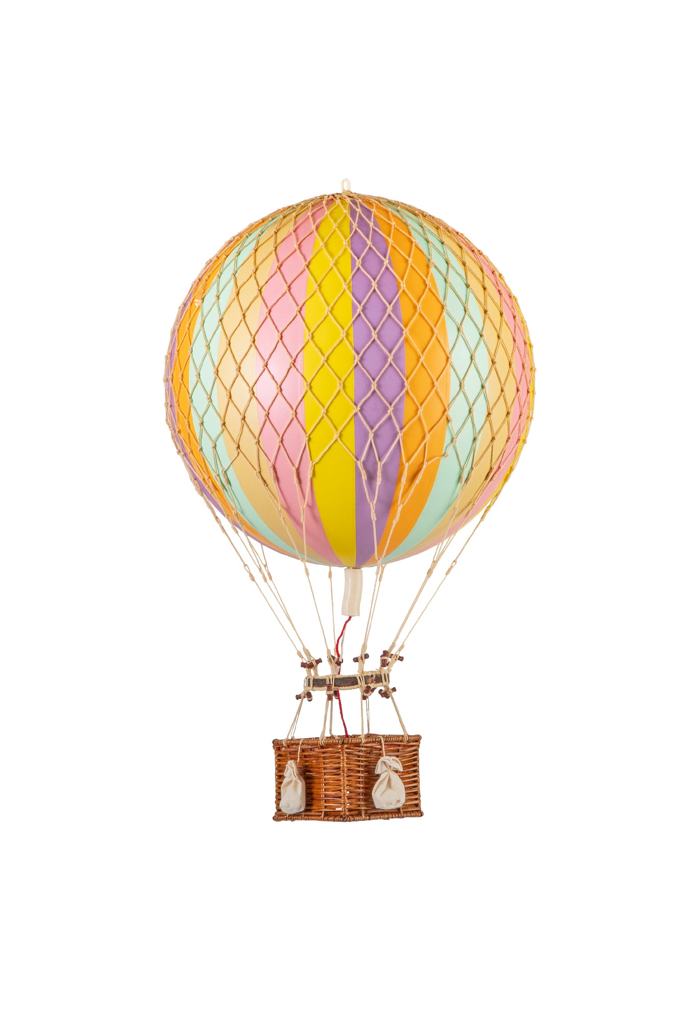 Pastel whimsical wicker hot air balloon for hanging.
