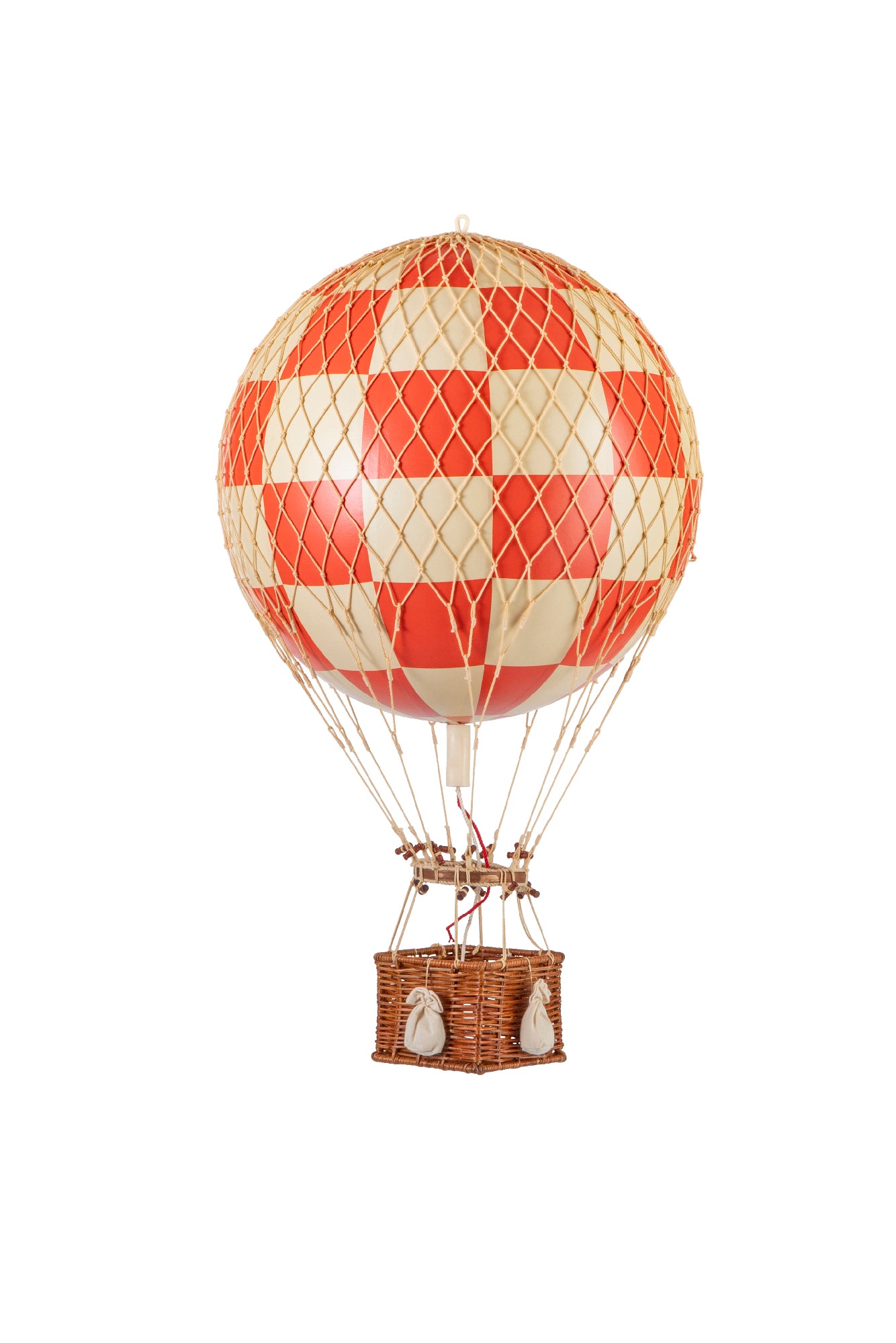 Red and Ivory whimsical wicker hot air balloon for hanging.