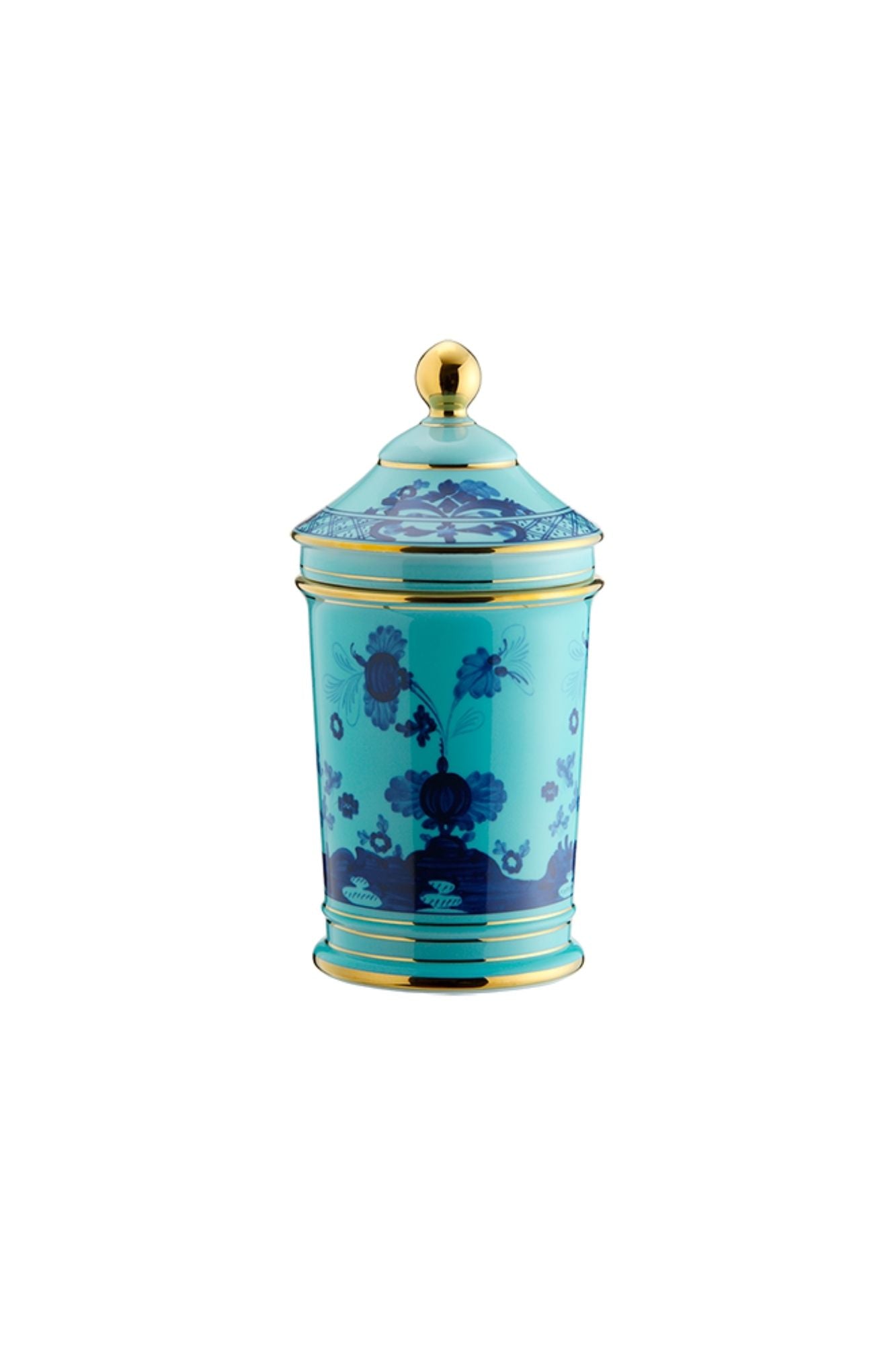 This turquoise and blue porcelain in Ginori’s traditional Antico Doccia shape is decorated with a stylized carnation reinterpreted by Gio Ponti in 1946. 24-karat yellow gold accents each piece.