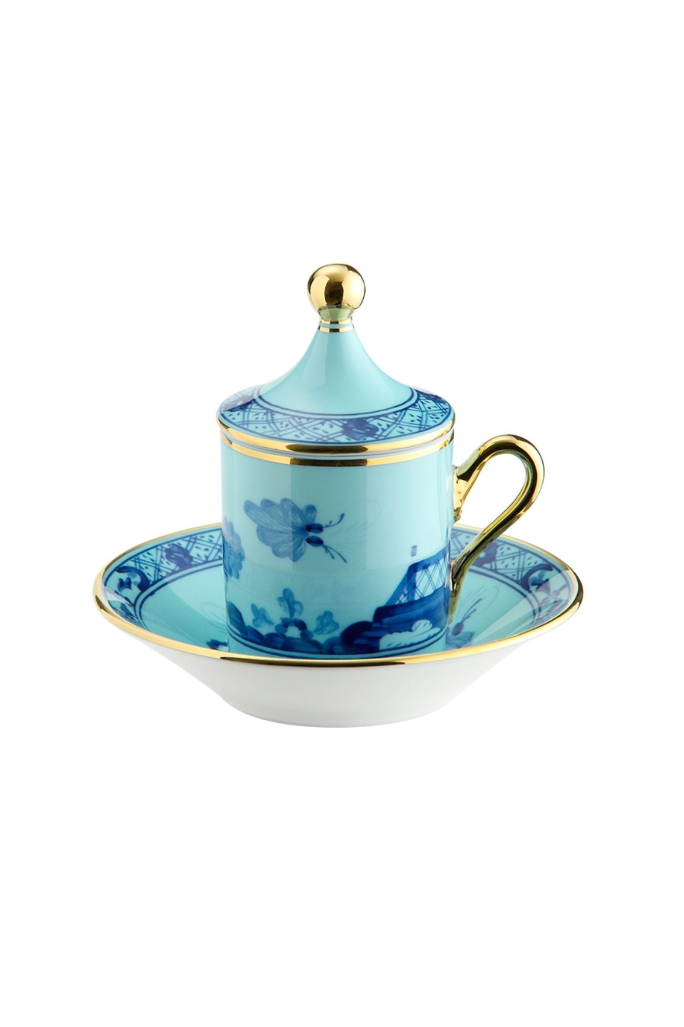 This turquoise and blue porcelain in Ginori’s traditional Antico Doccia shape is decorated with a stylized carnation reinterpreted by Gio Ponti in 1946. 24-karat yellow gold accents each piece.