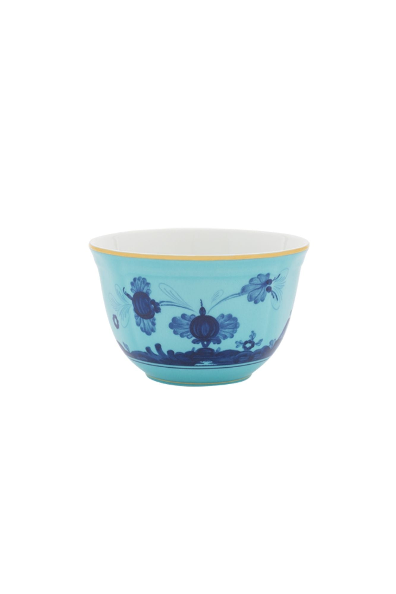 This turquoise and blue porcelain in Ginori’s traditional Antico Doccia shape is decorated with a stylized carnation reinterpreted by Gio Ponti in 1946. 24-karat yellow gold accents each piece.