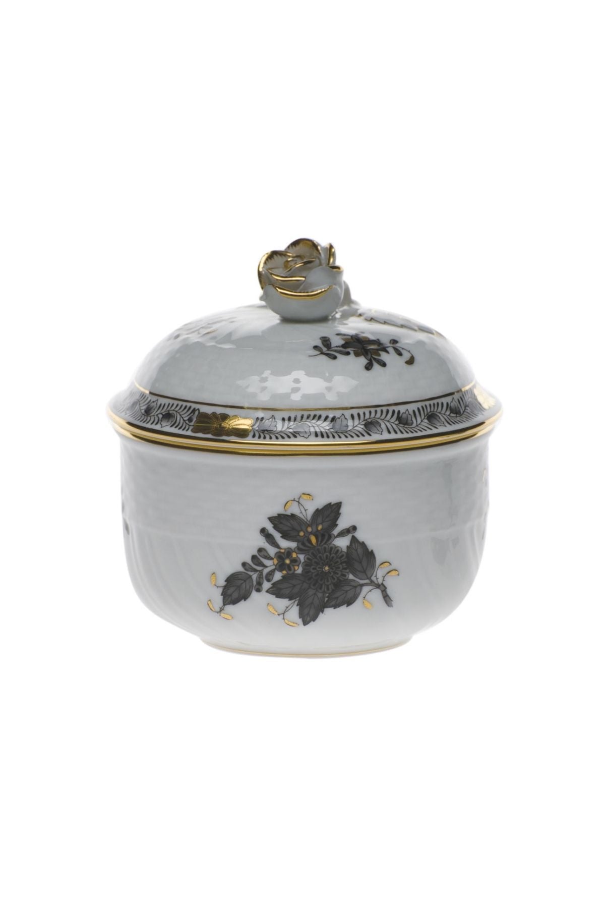 Five piece dinner service is hand painted on white porcelain including 24k accents. Black details.