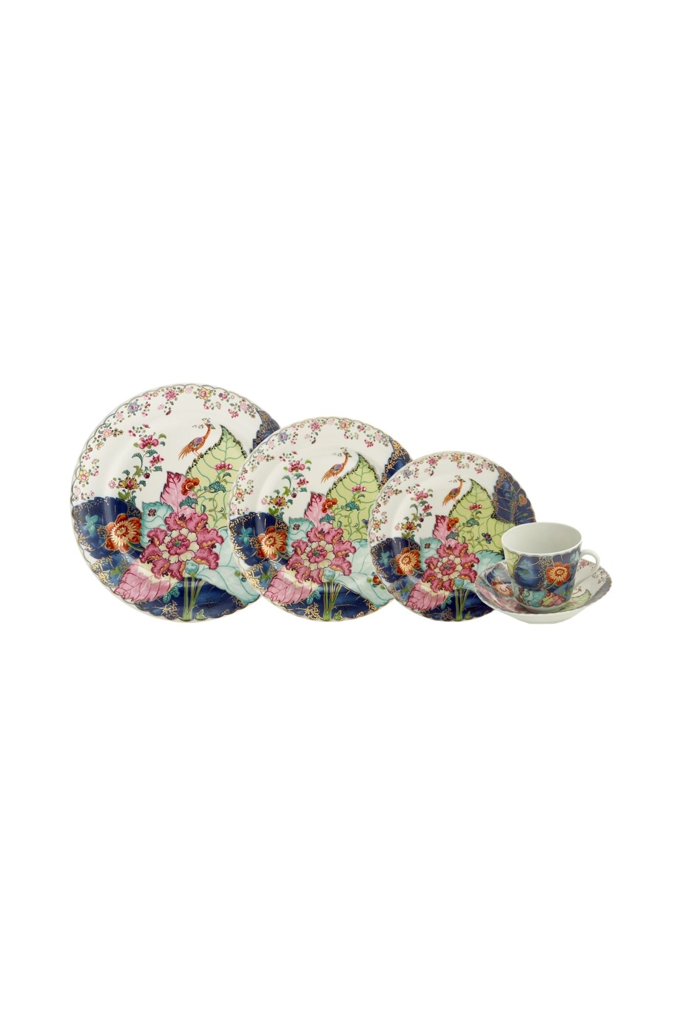 Dinnerware with a small phoenix bird perches on the leaves of the flowering Nicotiana (Tobacco) plant. Twenty-seven colors and 22k gold make up this pattern based on an original in the Metropolitan Museum of Art.