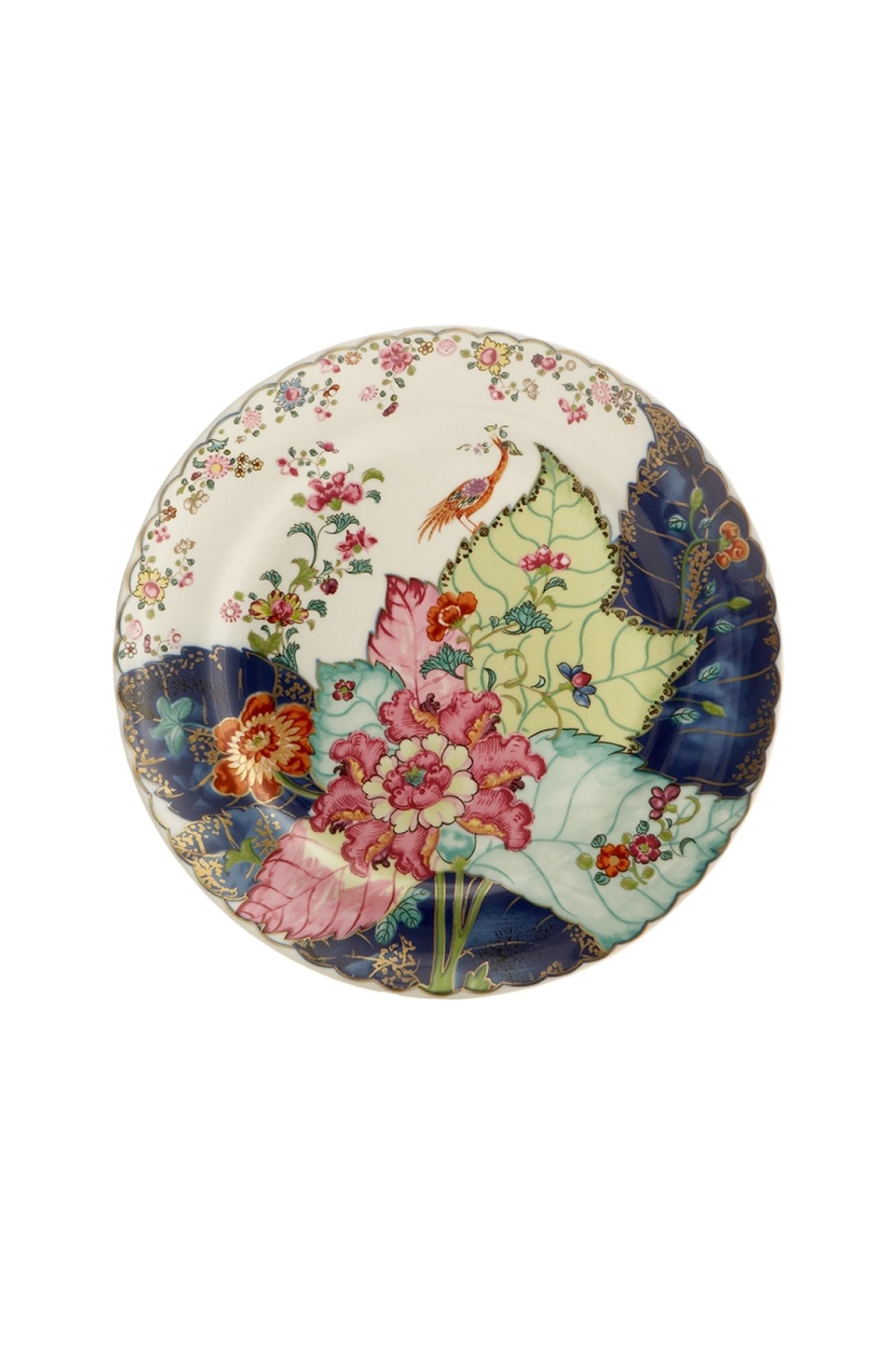 Dinnerware with a small phoenix bird perches on the leaves of the flowering Nicotiana (Tobacco) plant. Twenty-seven colors and 22k gold make up this pattern based on an original in the Metropolitan Museum of Art.