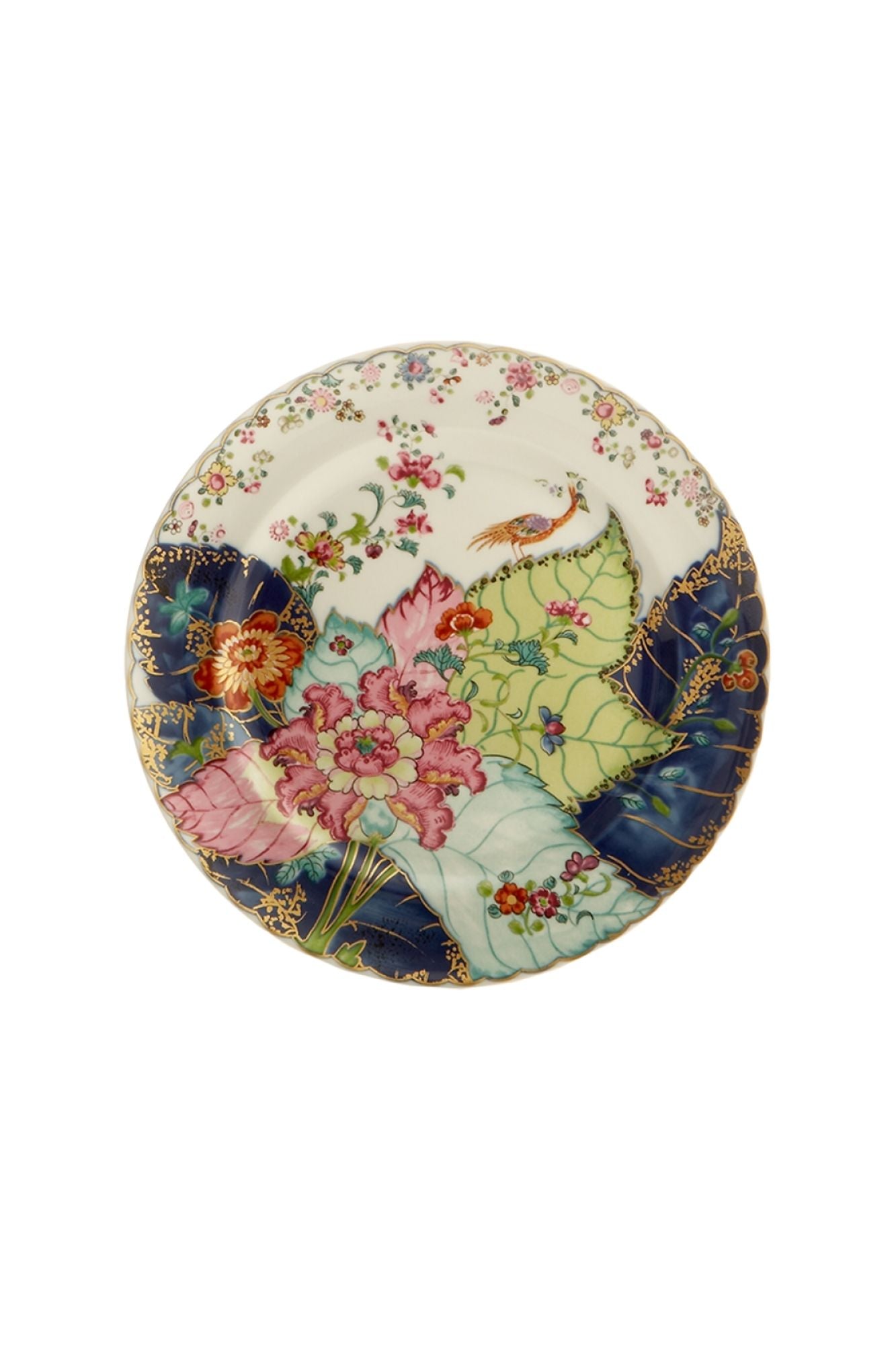 Dinnerware with a small phoenix bird perches on the leaves of the flowering Nicotiana (Tobacco) plant. Twenty-seven colors and 22k gold make up this pattern based on an original in the Metropolitan Museum of Art.