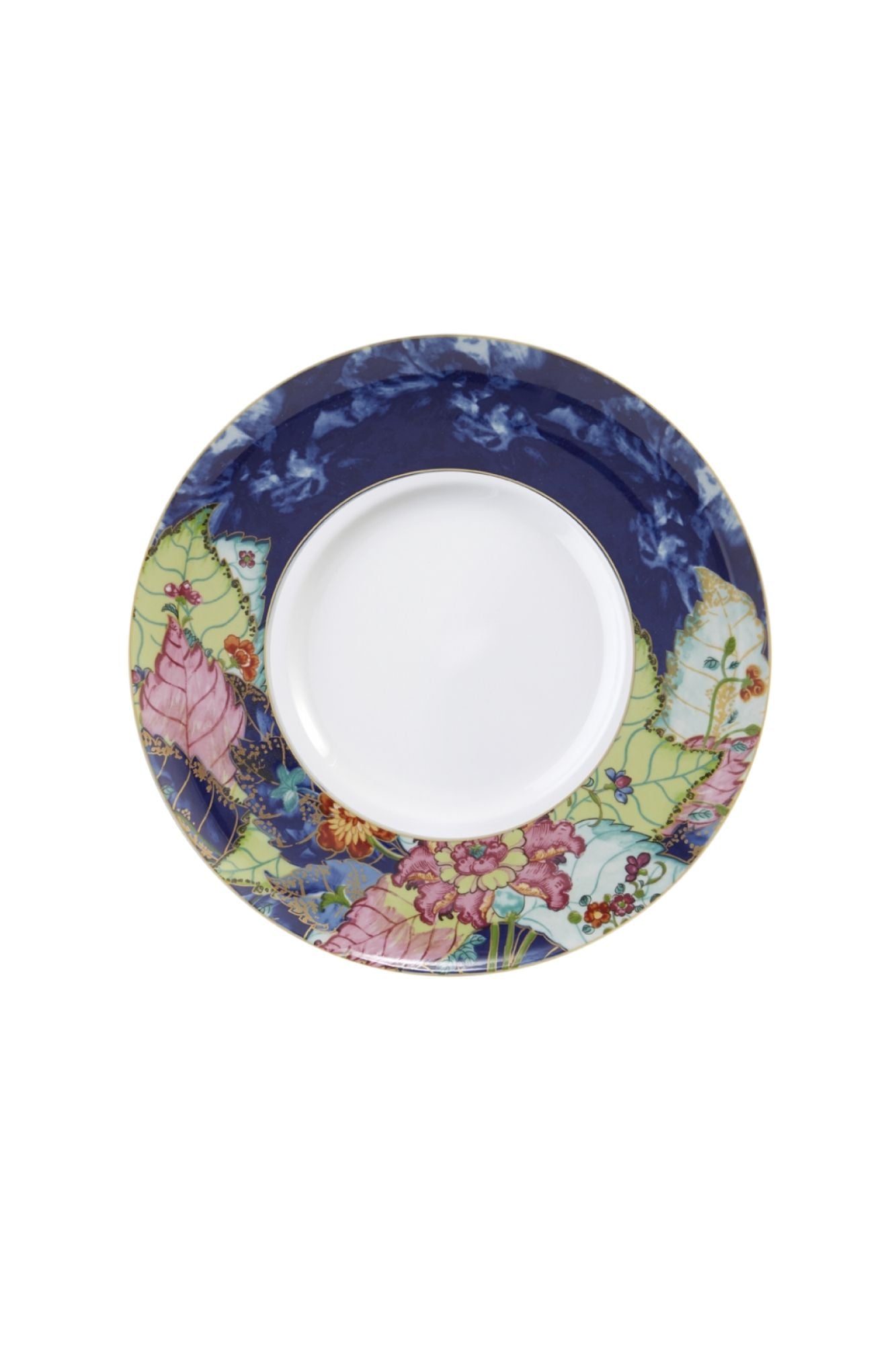 Dinnerware with a small phoenix bird perches on the leaves of the flowering Nicotiana (Tobacco) plant. Twenty-seven colors and 22k gold make up this pattern based on an original in the Metropolitan Museum of Art.