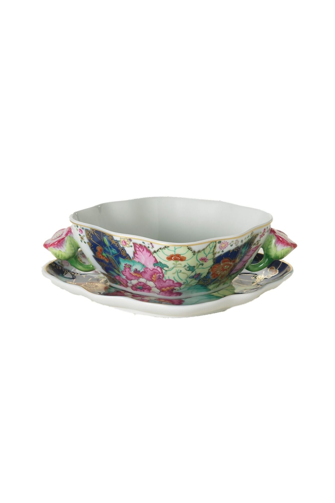 Dinnerware with a small phoenix bird perches on the leaves of the flowering Nicotiana (Tobacco) plant. Twenty-seven colors and 22k gold make up this pattern based on an original in the Metropolitan Museum of Art.