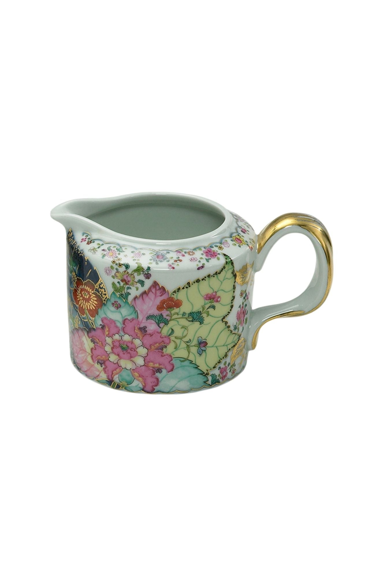 Dinnerware with a small phoenix bird perches on the leaves of the flowering Nicotiana (Tobacco) plant. Twenty-seven colors and 22k gold make up this pattern based on an original in the Metropolitan Museum of Art.