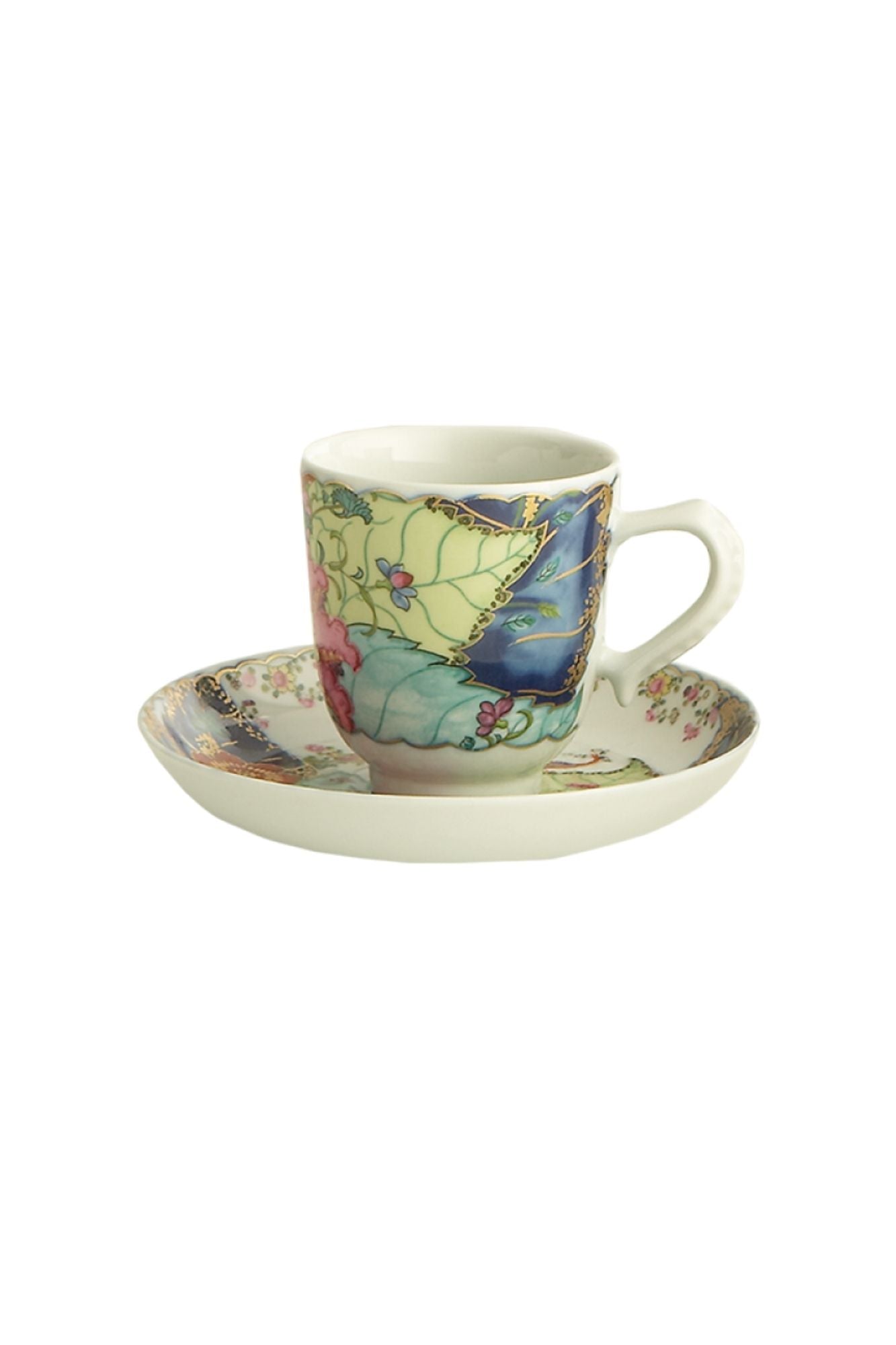 Dinnerware with a small phoenix bird perches on the leaves of the flowering Nicotiana (Tobacco) plant. Twenty-seven colors and 22k gold make up this pattern based on an original in the Metropolitan Museum of Art.