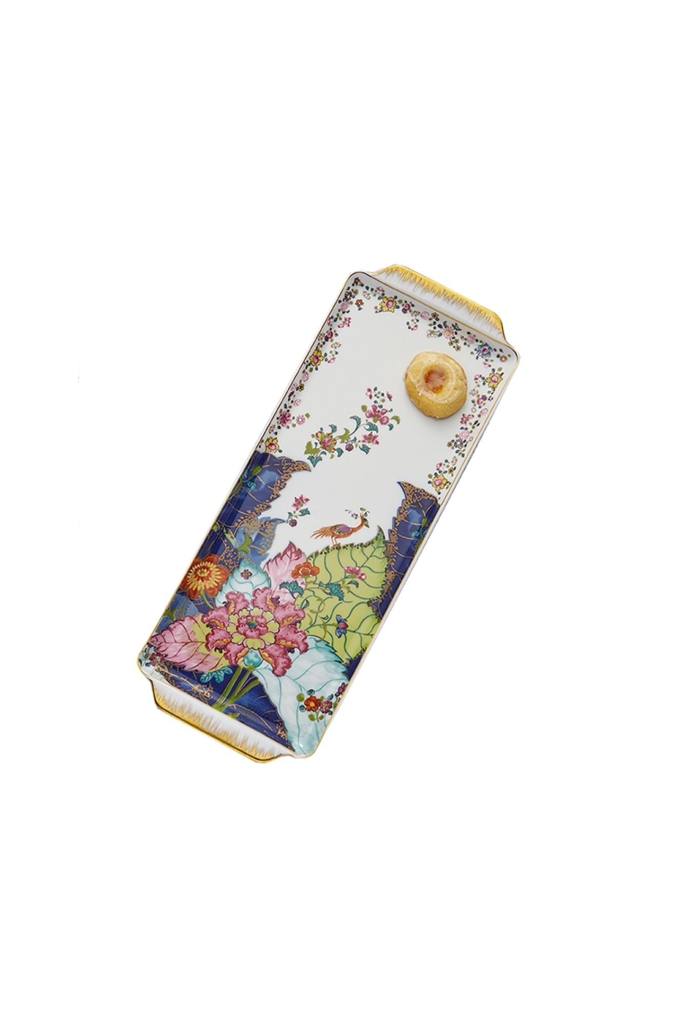 Dinnerware with a small phoenix bird perches on the leaves of the flowering Nicotiana (Tobacco) plant. Twenty-seven colors and 22k gold make up this pattern based on an original in the Metropolitan Museum of Art.