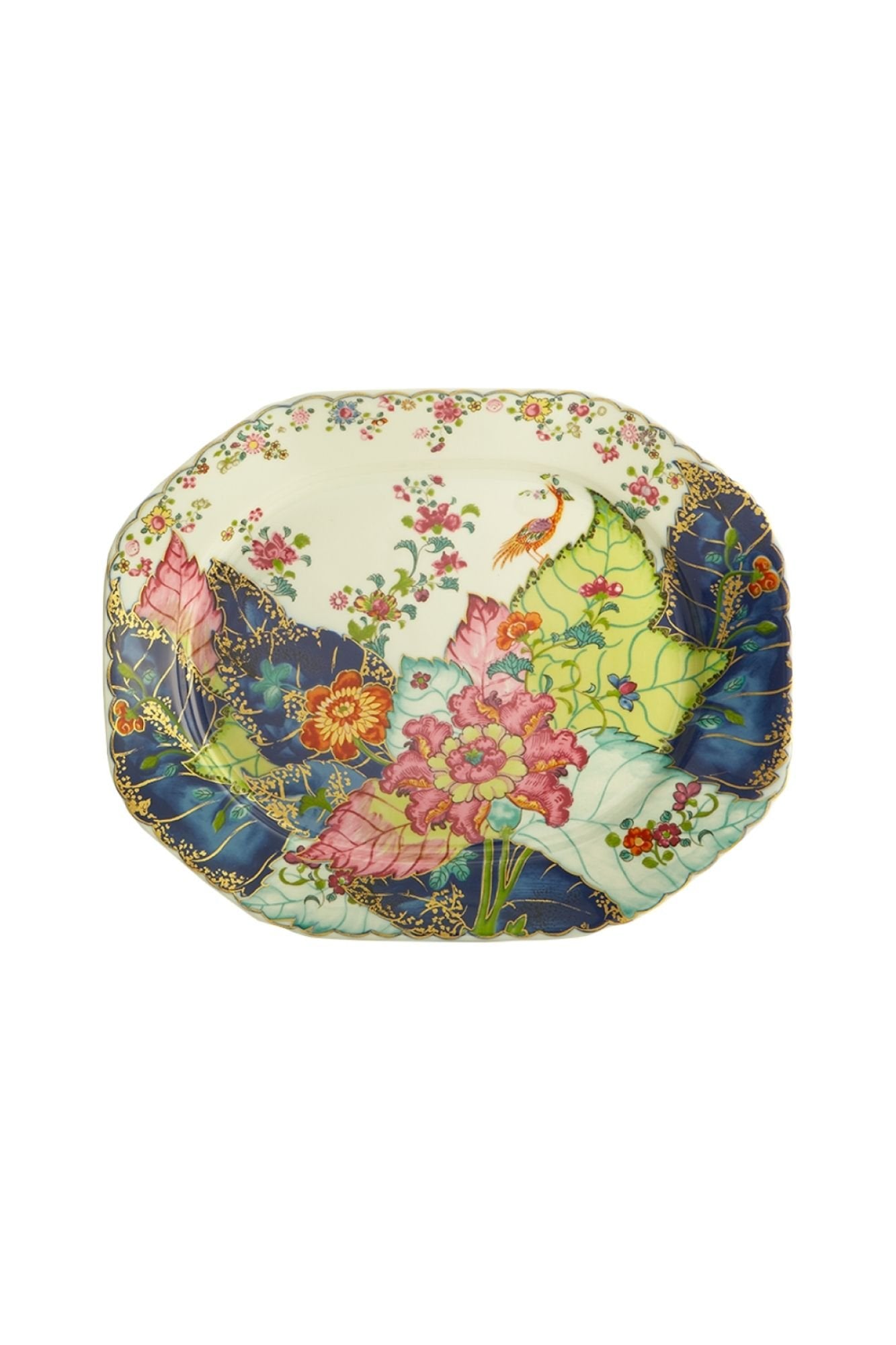 Dinnerware with a small phoenix bird perches on the leaves of the flowering Nicotiana (Tobacco) plant. Twenty-seven colors and 22k gold make up this pattern based on an original in the Metropolitan Museum of Art.