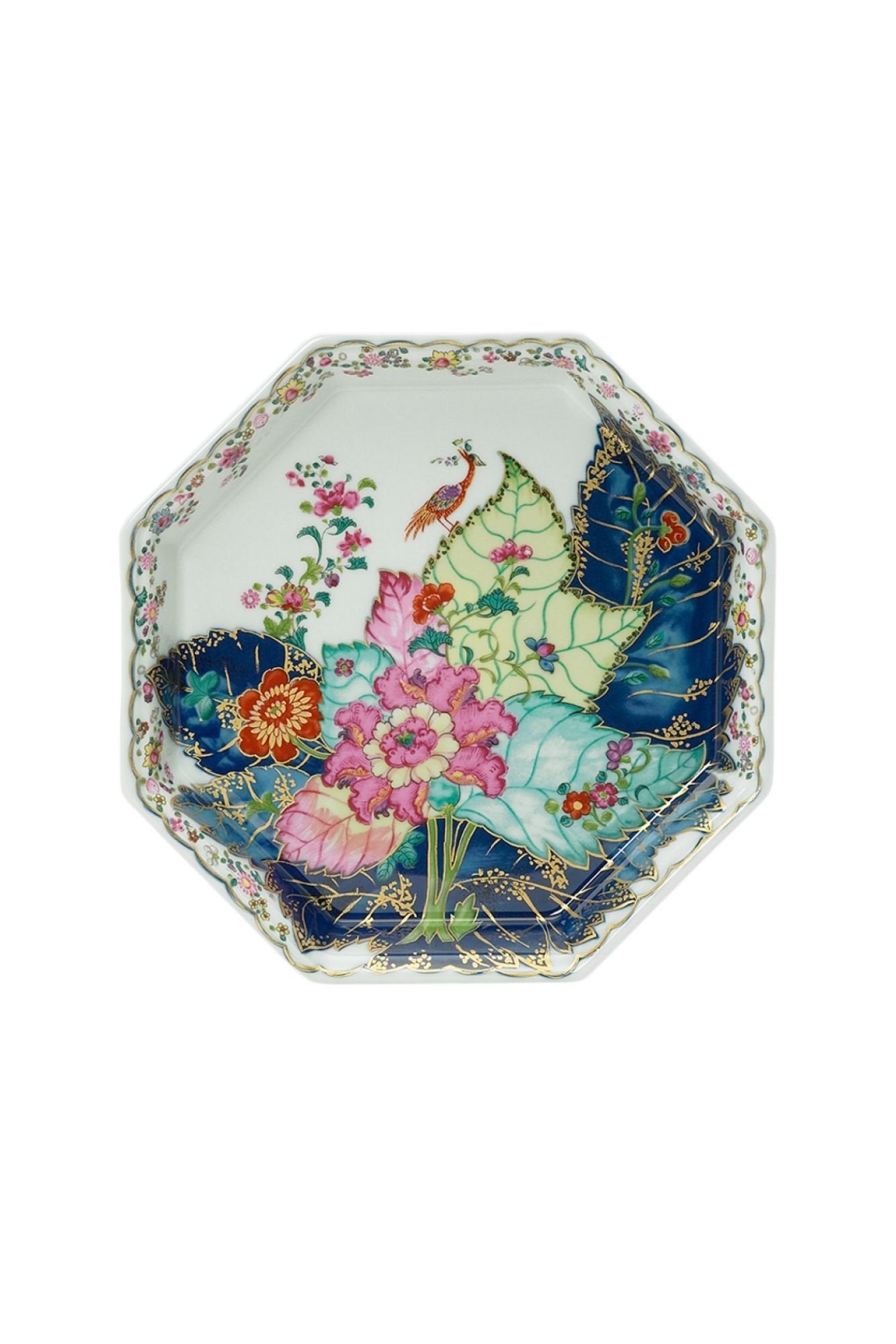 Dinnerware with a small phoenix bird perches on the leaves of the flowering Nicotiana (Tobacco) plant. Twenty-seven colors and 22k gold make up this pattern based on an original in the Metropolitan Museum of Art.