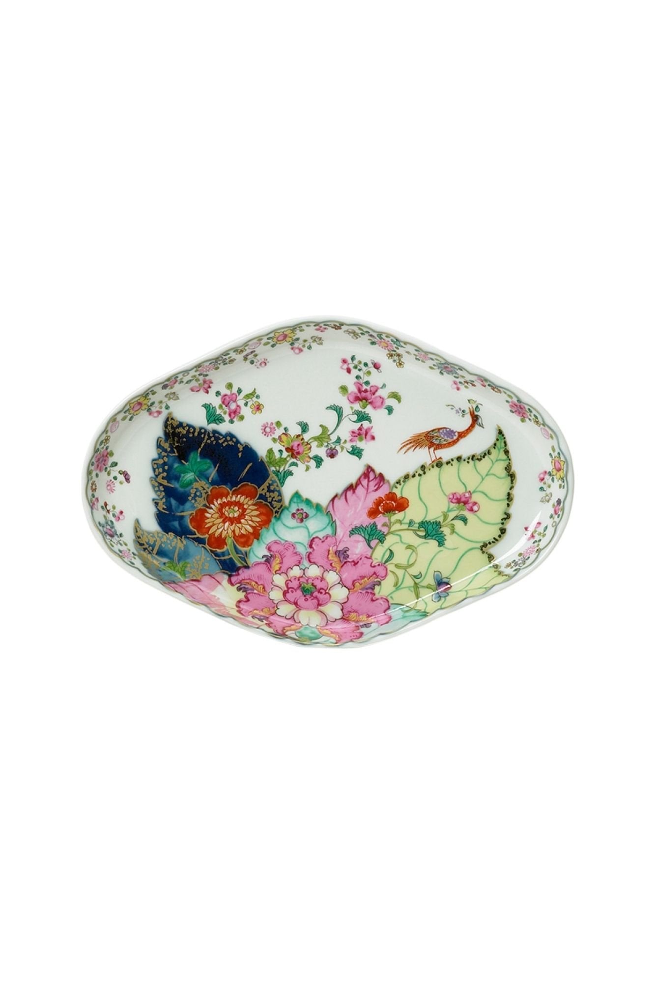 Dinnerware with a small phoenix bird perches on the leaves of the flowering Nicotiana (Tobacco) plant. Twenty-seven colors and 22k gold make up this pattern based on an original in the Metropolitan Museum of Art.