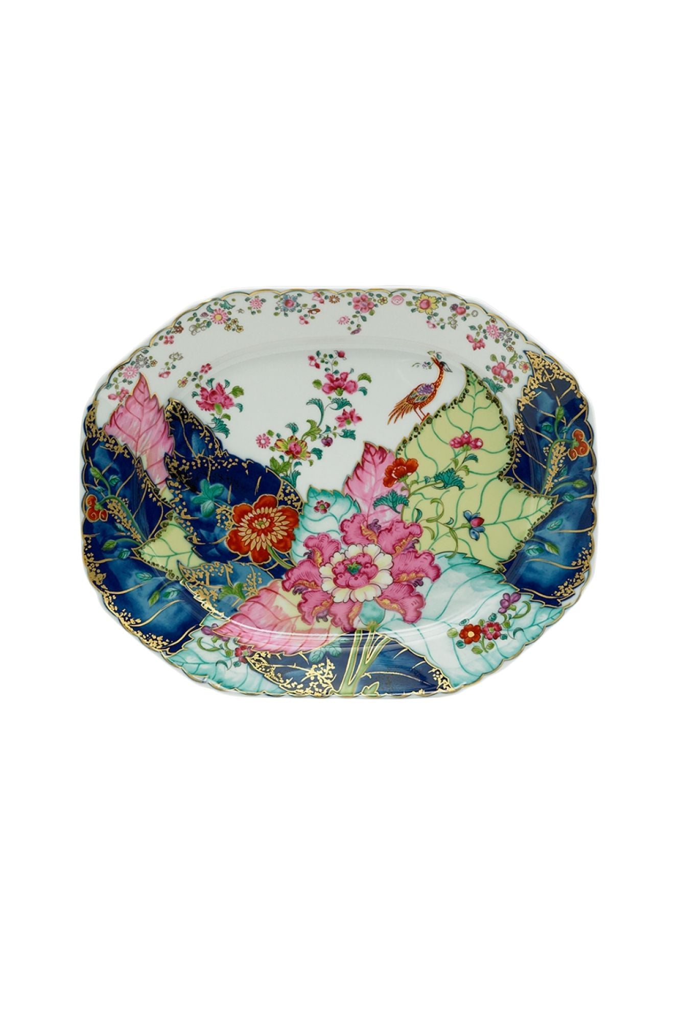 Dinnerware with a small phoenix bird perches on the leaves of the flowering Nicotiana (Tobacco) plant. Twenty-seven colors and 22k gold make up this pattern based on an original in the Metropolitan Museum of Art.