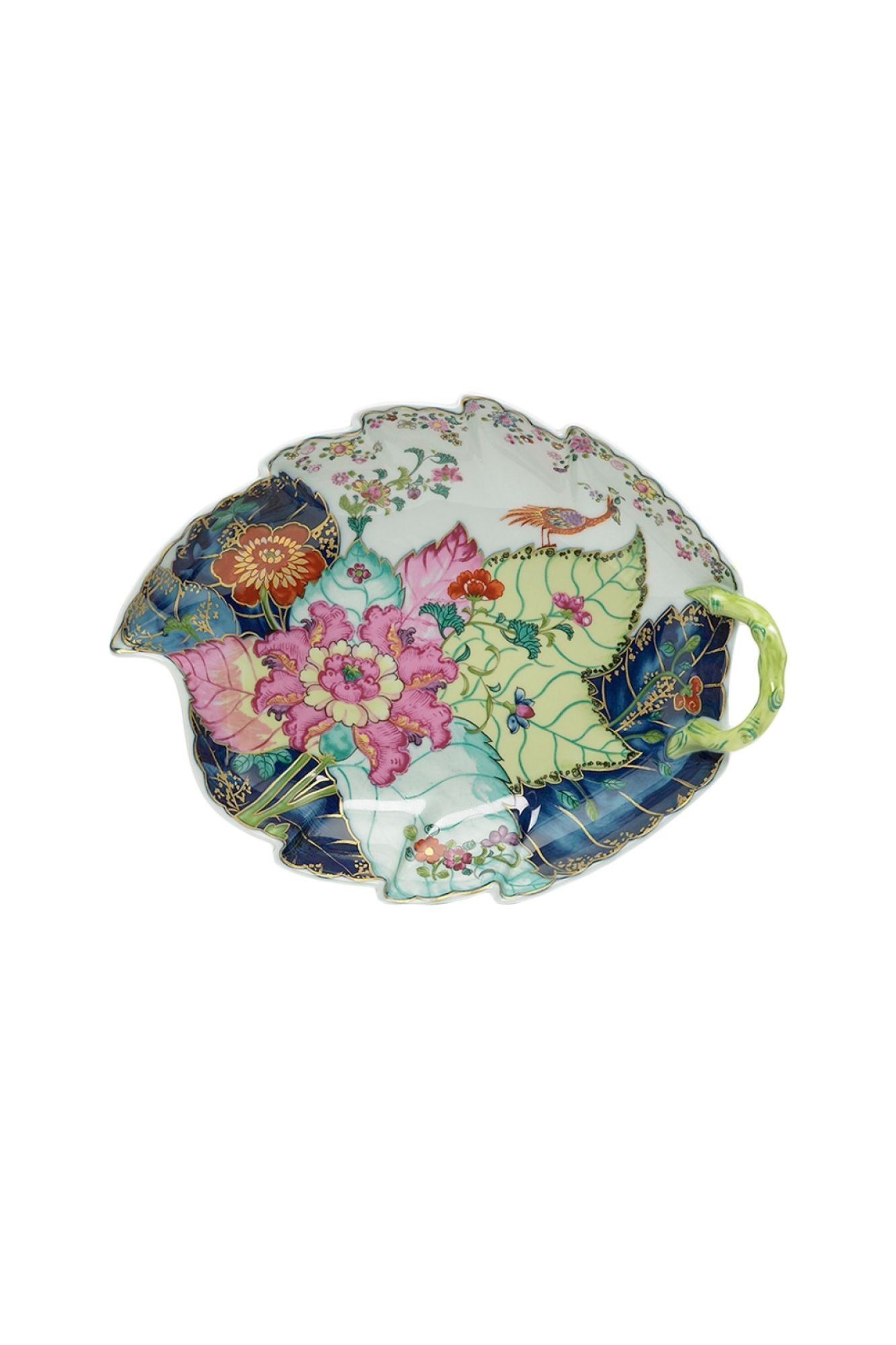 Dinnerware with a small phoenix bird perches on the leaves of the flowering Nicotiana (Tobacco) plant. Twenty-seven colors and 22k gold make up this pattern based on an original in the Metropolitan Museum of Art.