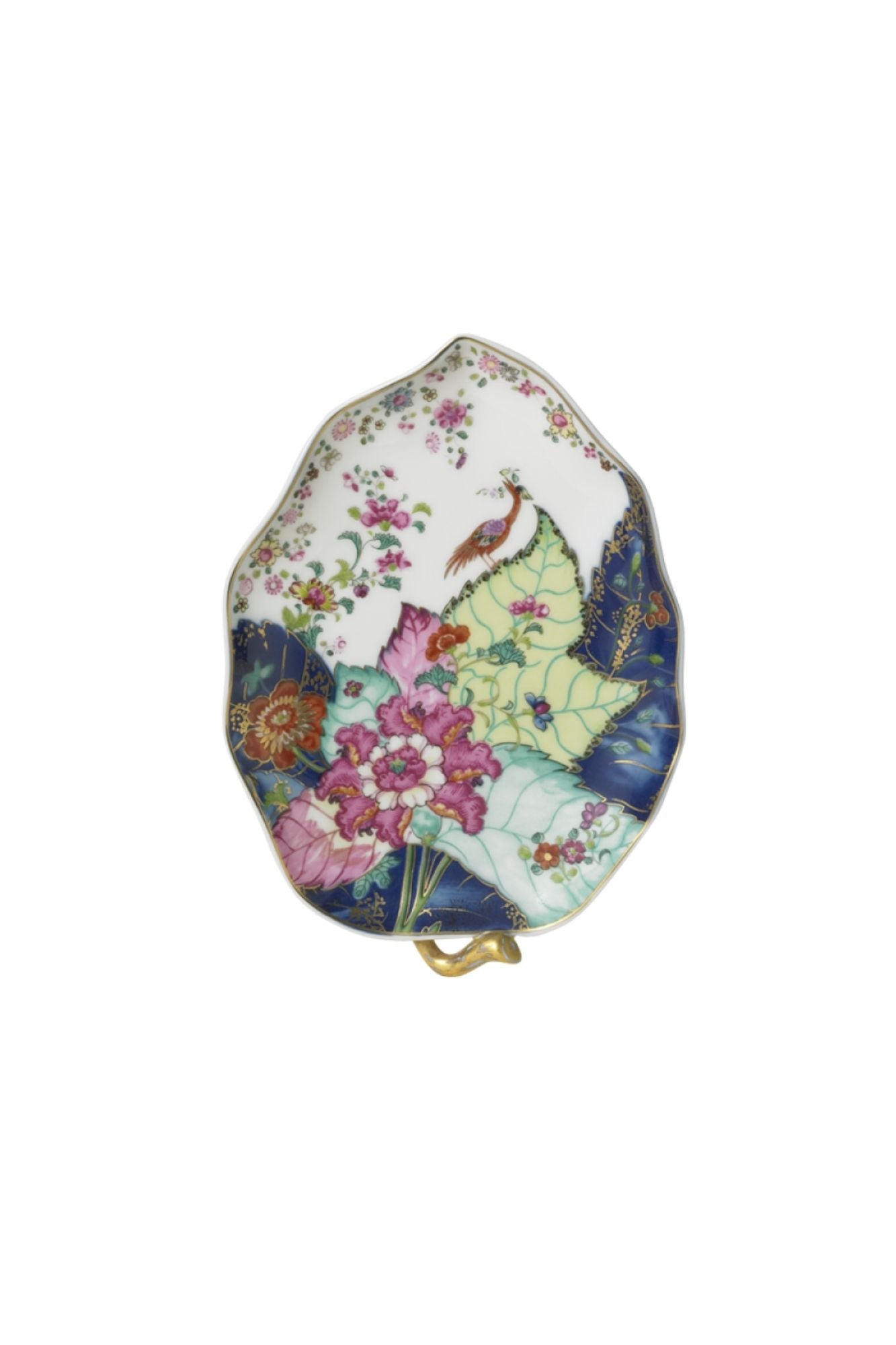 Dinnerware with a small phoenix bird perches on the leaves of the flowering Nicotiana (Tobacco) plant. Twenty-seven colors and 22k gold make up this pattern based on an original in the Metropolitan Museum of Art.