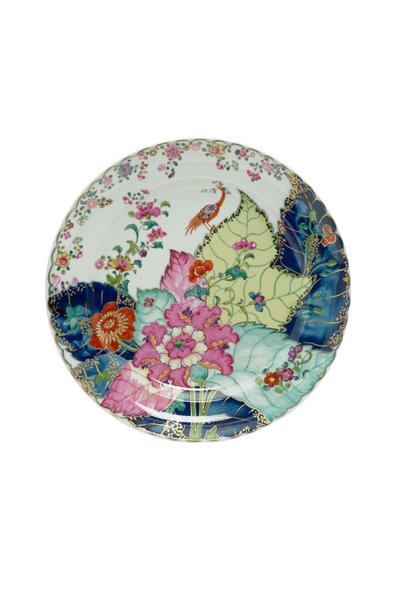 Dinnerware with a small phoenix bird perches on the leaves of the flowering Nicotiana (Tobacco) plant. Twenty-seven colors and 22k gold make up this pattern based on an original in the Metropolitan Museum of Art.